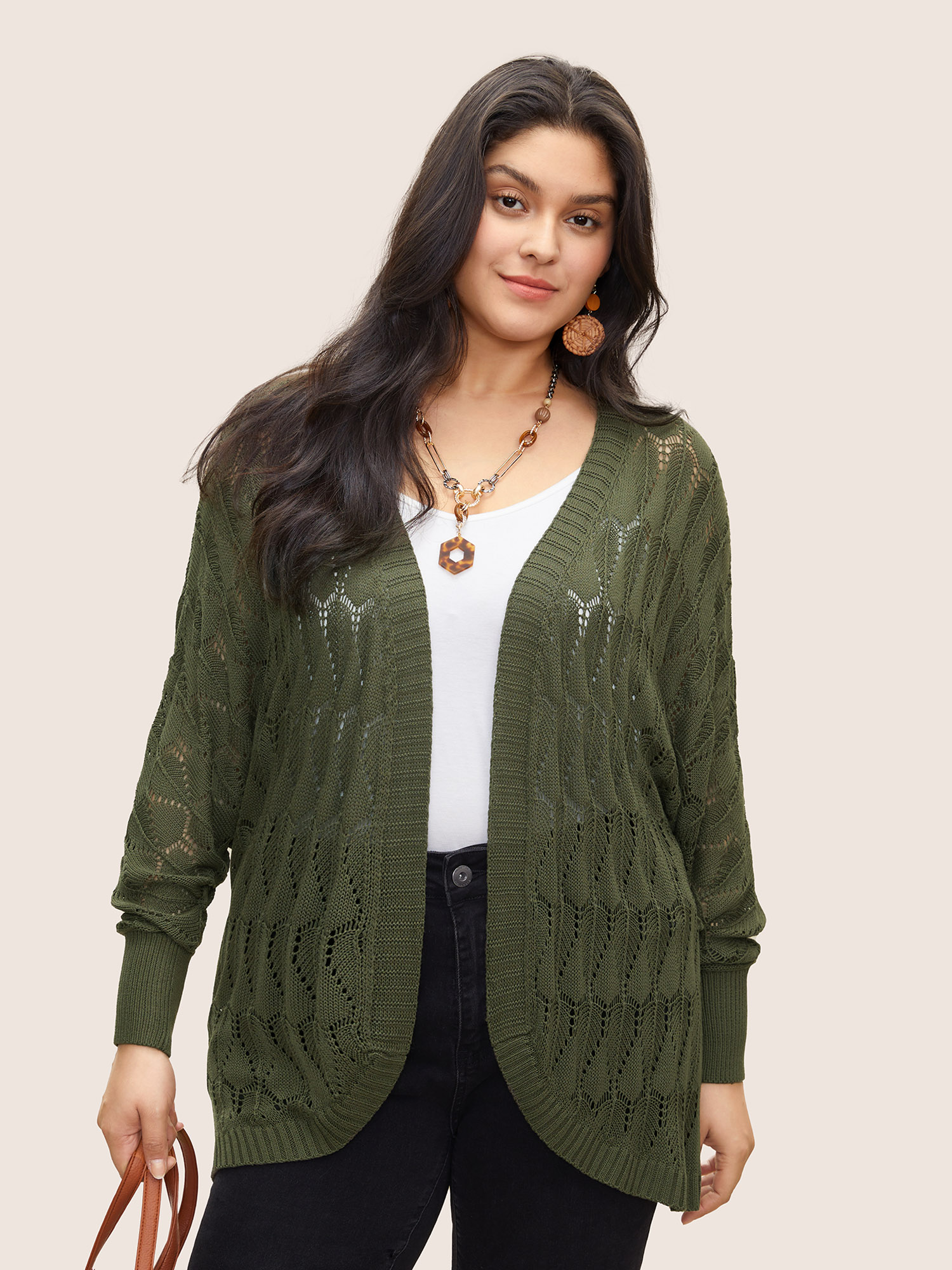 

Plus Size Solid Geometric Hollow Out Batwing Sleeve Cardigan ArmyGreen Women Everyday Casual Cover Ups Bloomchic