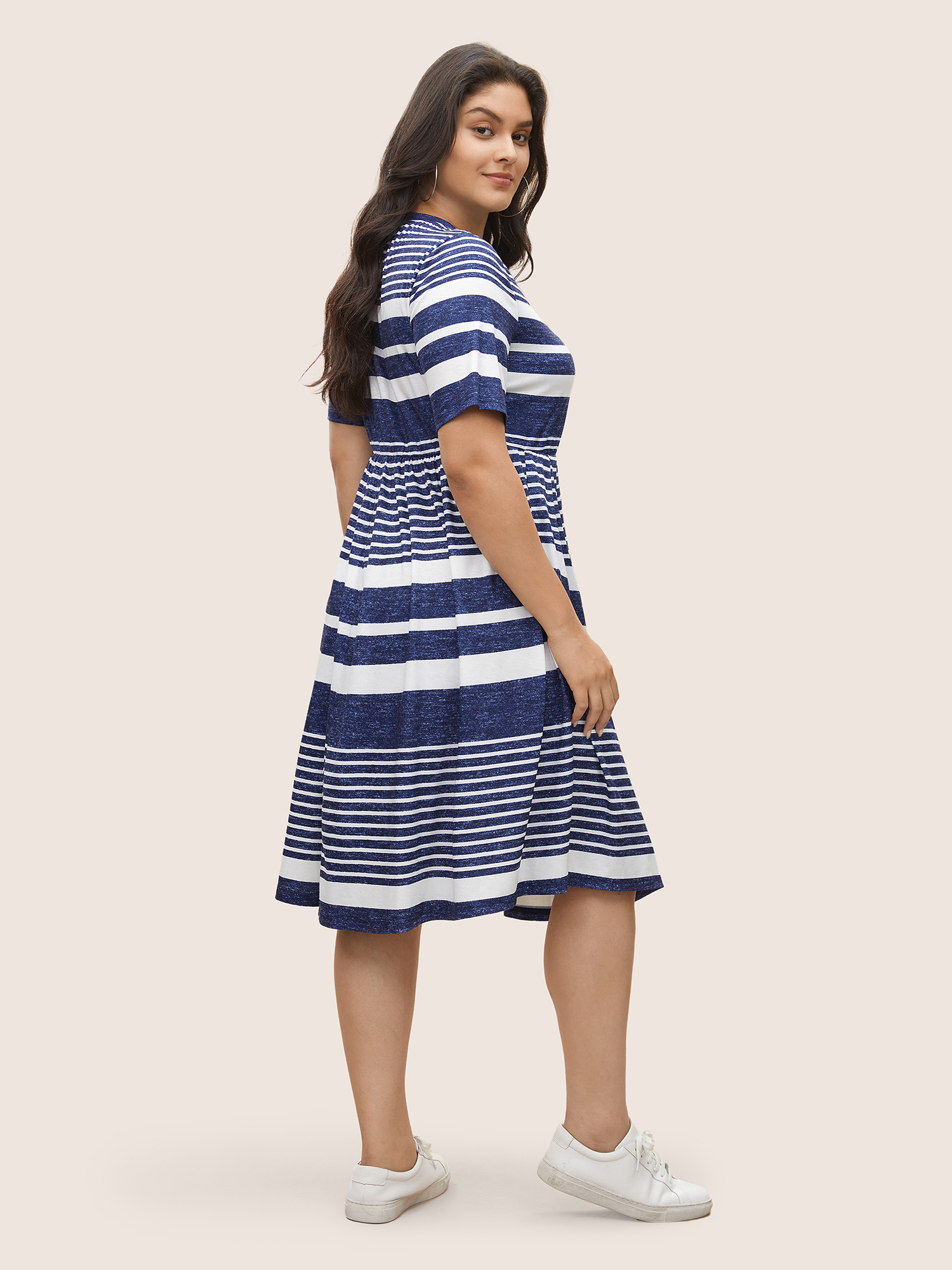 

Plus Size Striped Plicated Detail Pocket Elastic Waist Dress DarkBlue Women Non Curvy Midi Dress BloomChic