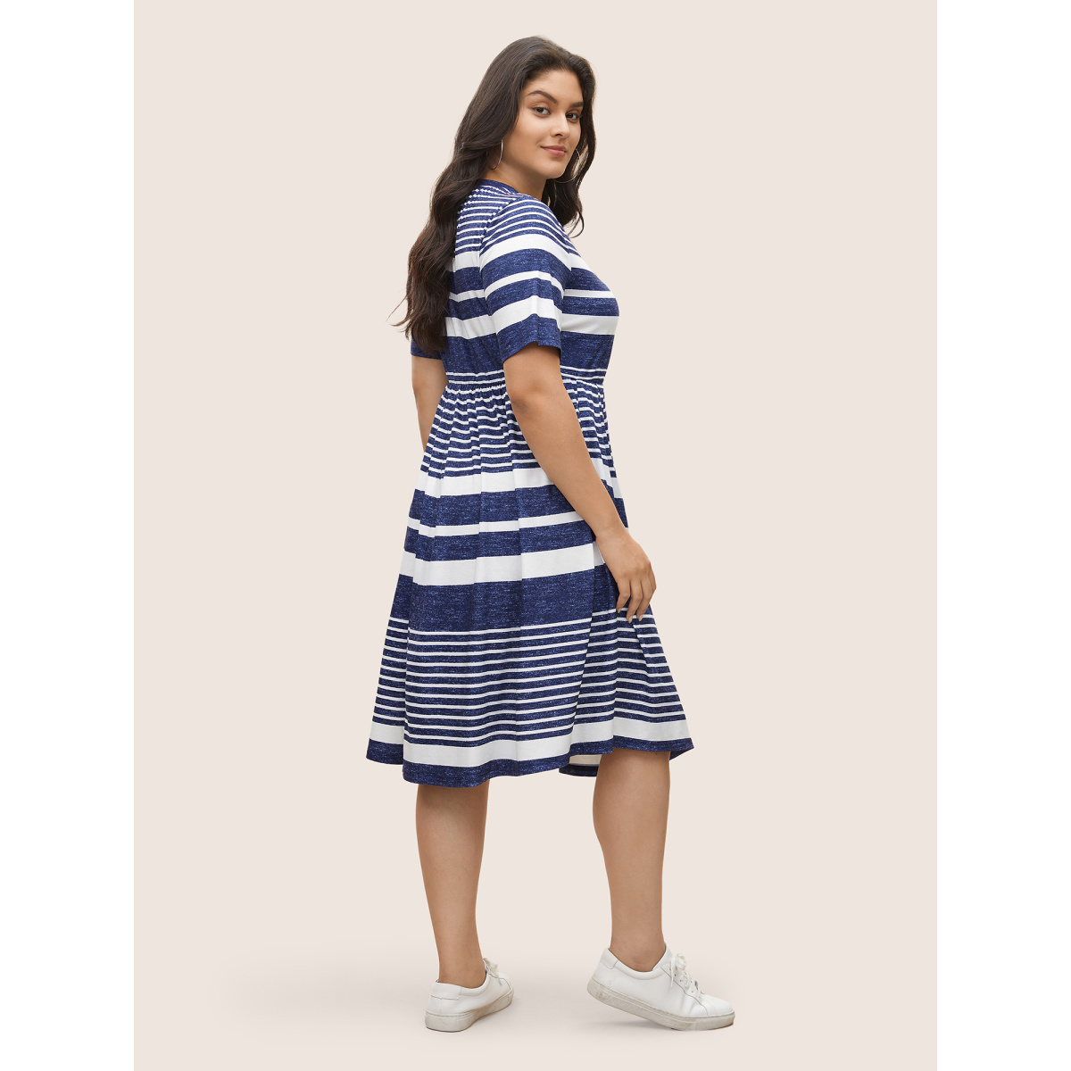

Plus Size Striped Plicated Detail Pocket Elastic Waist Dress DarkBlue Women Non Curvy Midi Dress BloomChic