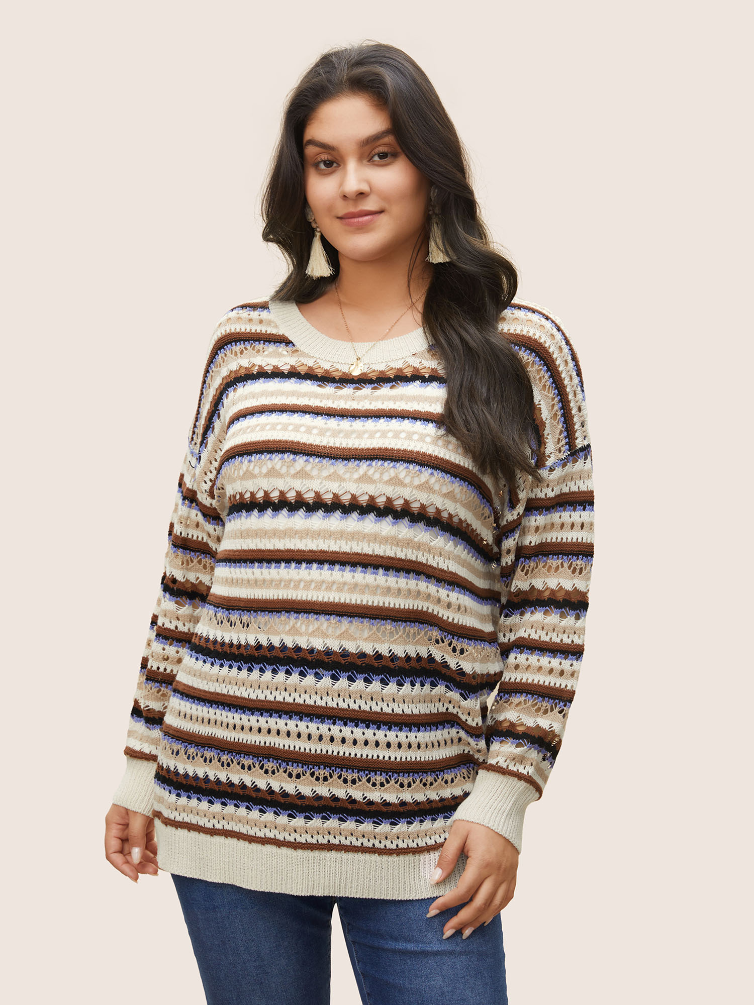 

Plus Size Striped Contrast Drop Shoulder Hollow Out Pullover Beige Women Casual Long Sleeve Round Neck Everyday Pullovers BloomChic