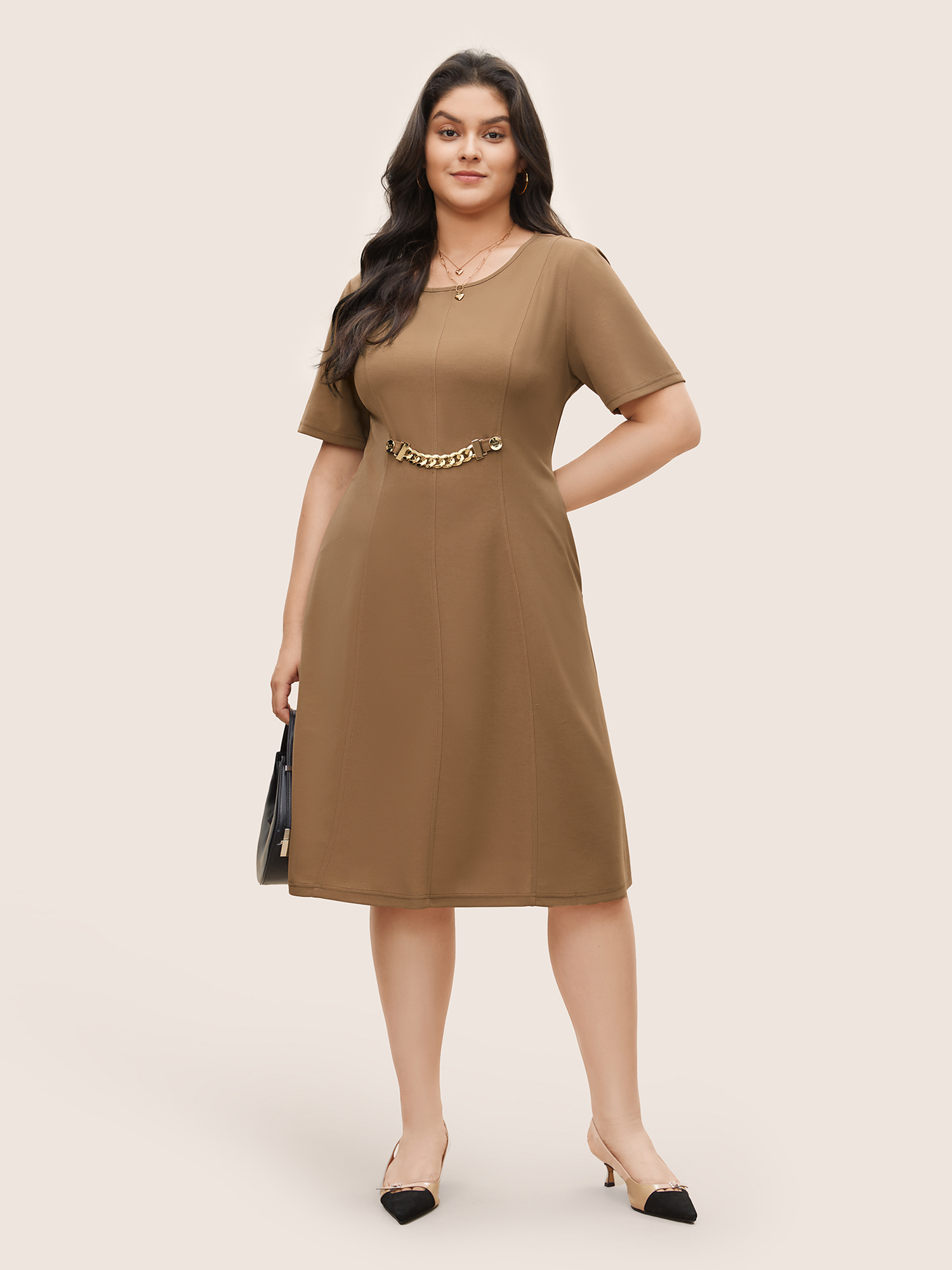 

Plus Size Round Neck Metal Chain Detail Dress Tan Women At the Office Non Round Neck Short sleeve Curvy Midi Dress BloomChic