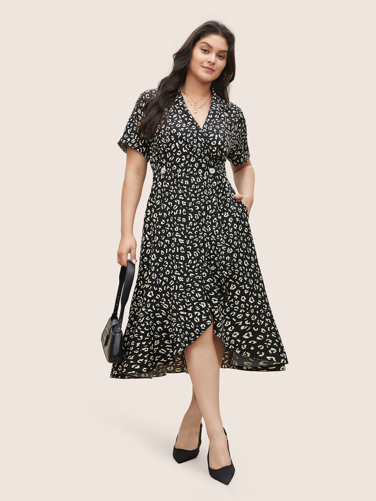 

Plus Size Leopard Print Suit Collar Ruffle Hem Dress Black Women At the Office Non Suit Collar Short sleeve Curvy Midi Dress BloomChic