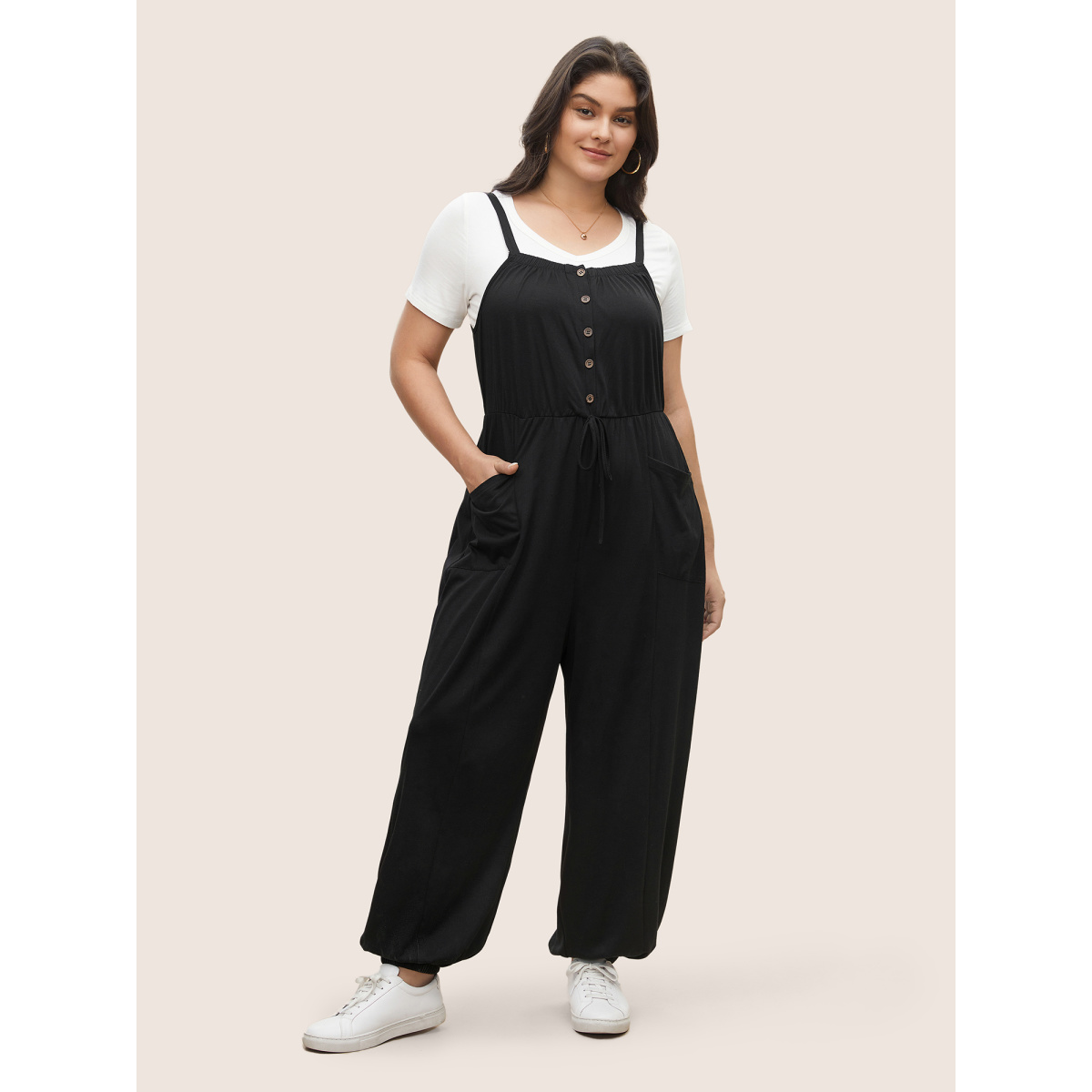 

Plus Size Black Plain Ties Patched Pocket Cami Jumpsuit Women Casual Non Everyday Loose Jumpsuits BloomChic