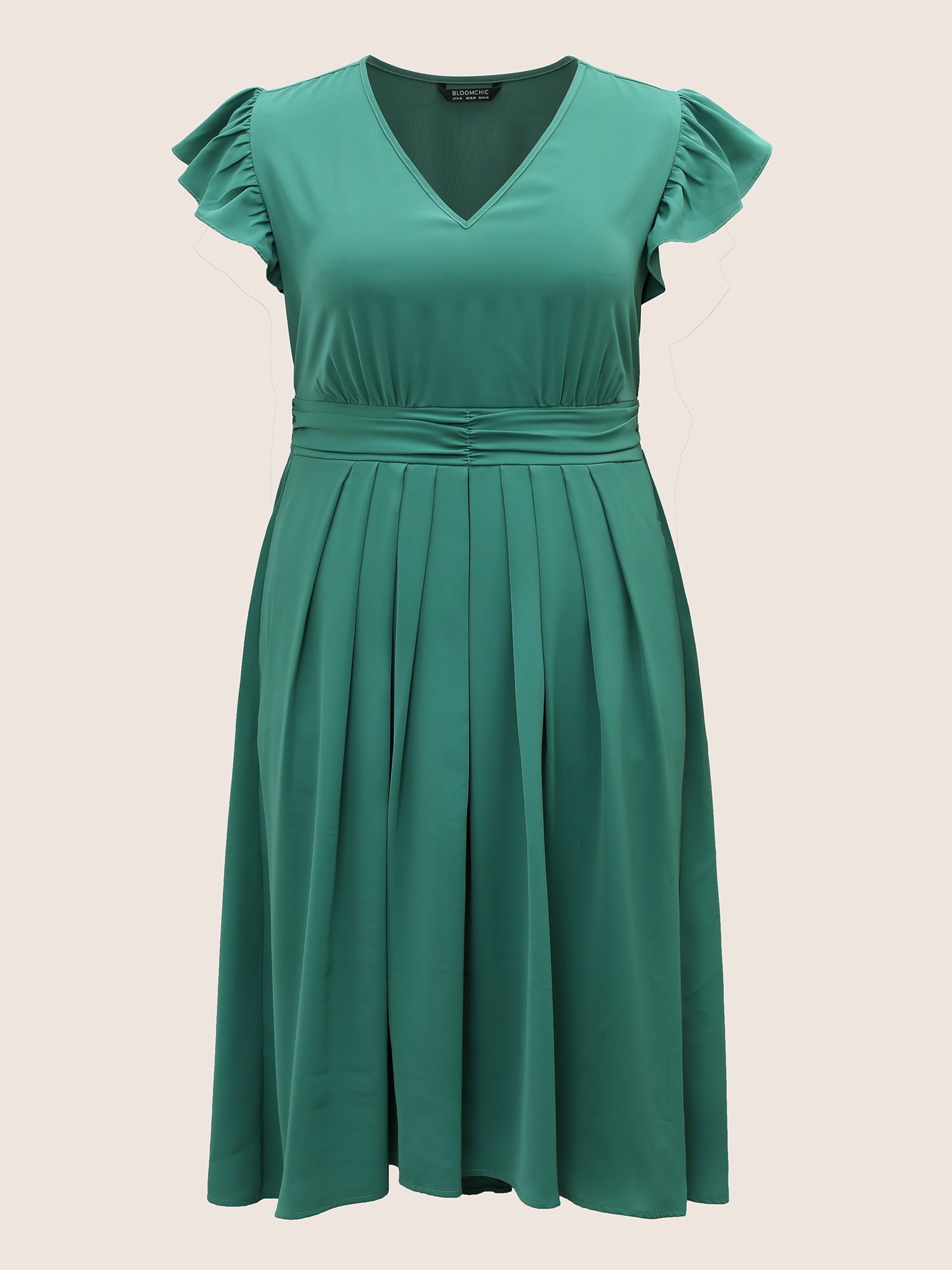 

Plus Size Anti-Wrinkle Solid Ruched Flutter Trim Pleated Dress Emerald Women Elegant Non V-neck Sleeveless Curvy Midi Dress BloomChic