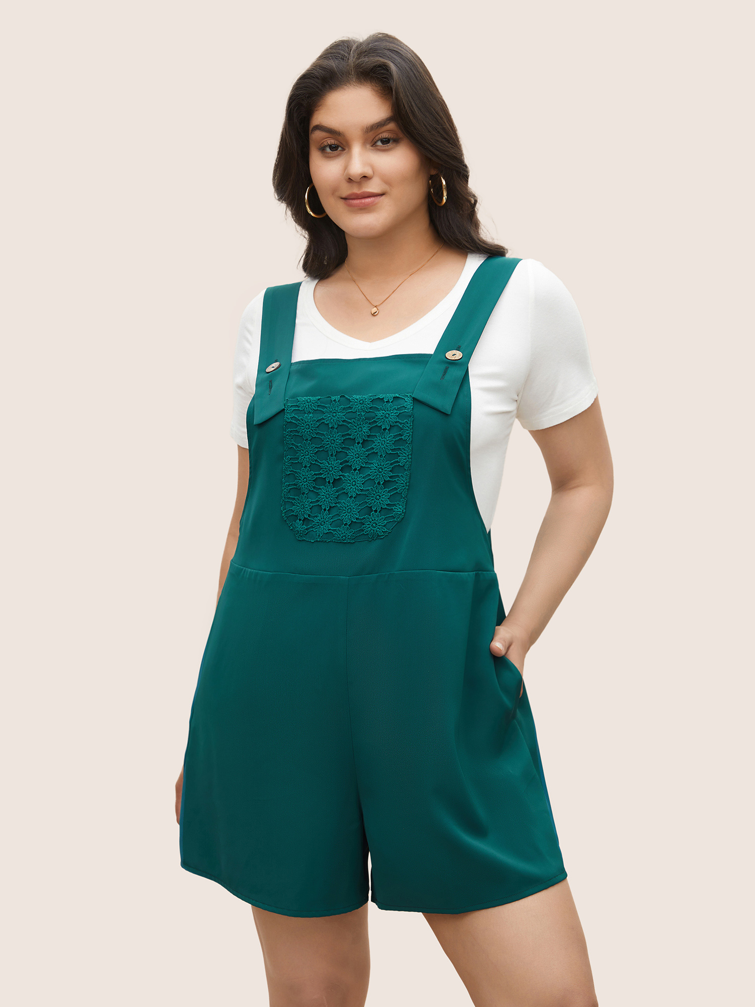 

Plus Size Plain Lace Insert Front Pocket Overall Romper Emerald Plain Side seam pocket Casual Everyday  Rompers Bloomchic