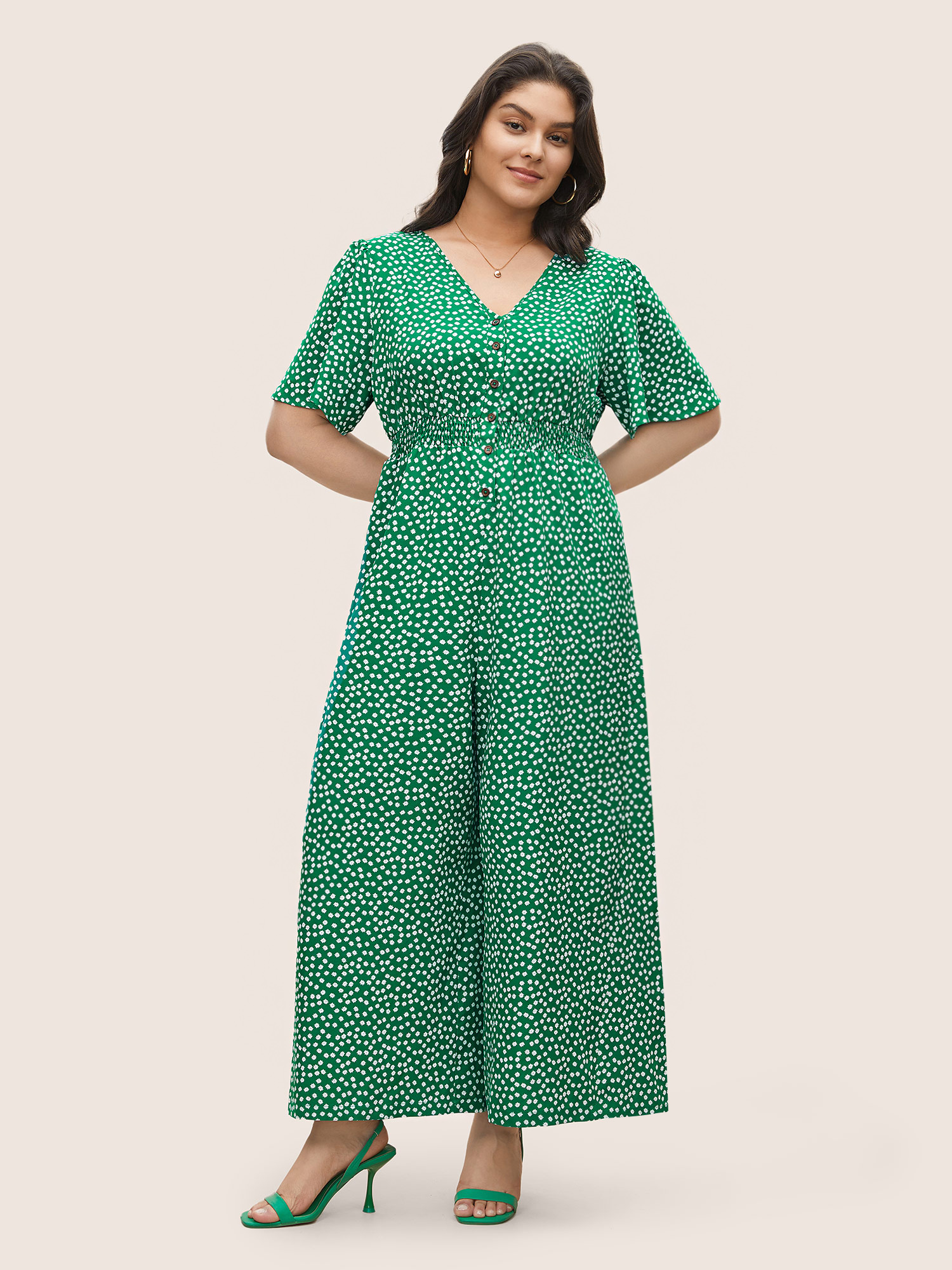 

Plus Size Emerald Ditsy Floral Elastic Waist Shirred Pocket Jumpsuit Women Casual Everyday Loose Jumpsuits BloomChic
