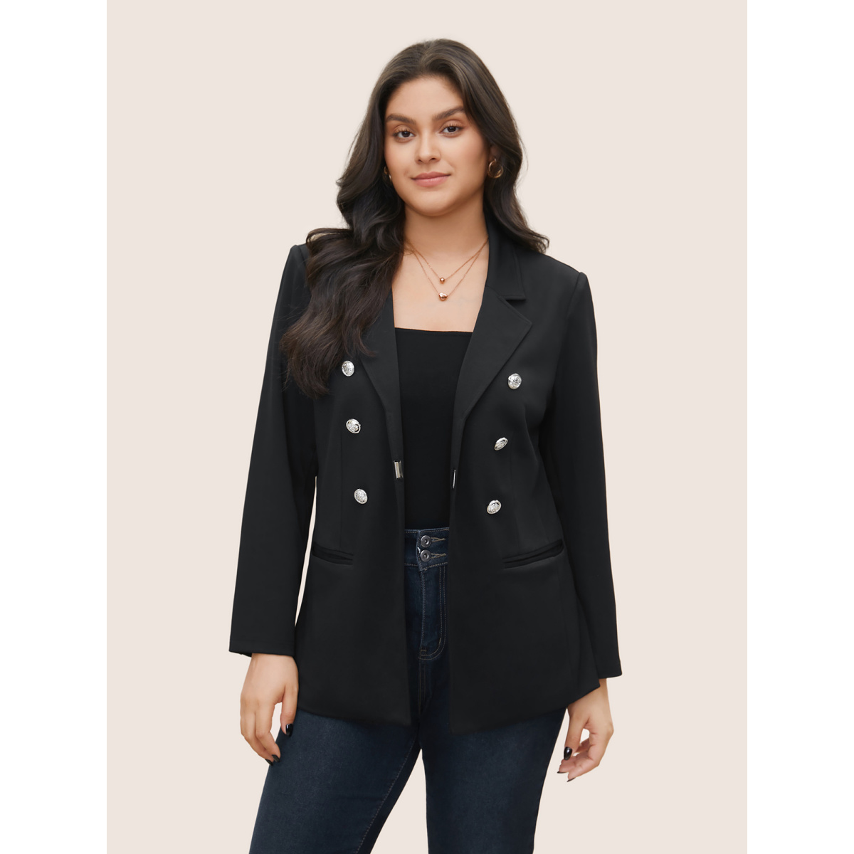 

Plus Size Suit Collar Double Breasted Pocket Blazer Black Women Work Plain Non  Double-flap pocket At the Office Blazers BloomChic