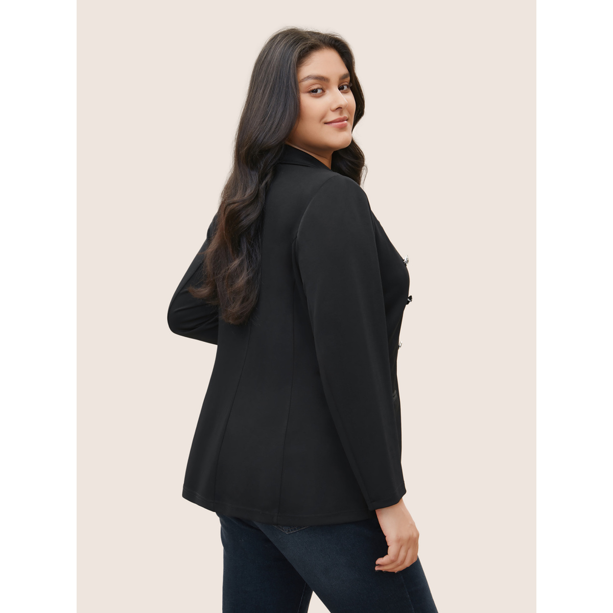 

Plus Size Suit Collar Double Breasted Pocket Blazer Black Women Work Plain Non  Double-flap pocket At the Office Blazers BloomChic