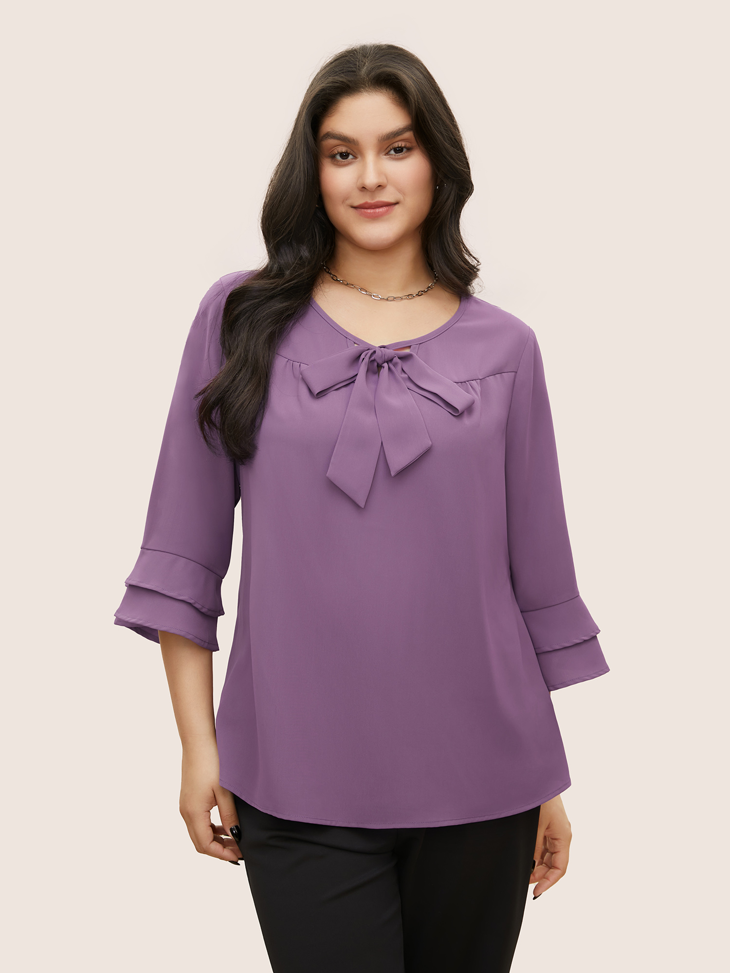 

Plus Size Purple Solid Ribbon Tied Collar Bell Sleeve Blouse Women At the Office Elbow-length sleeve Ribbon-tied collar Work Blouses BloomChic