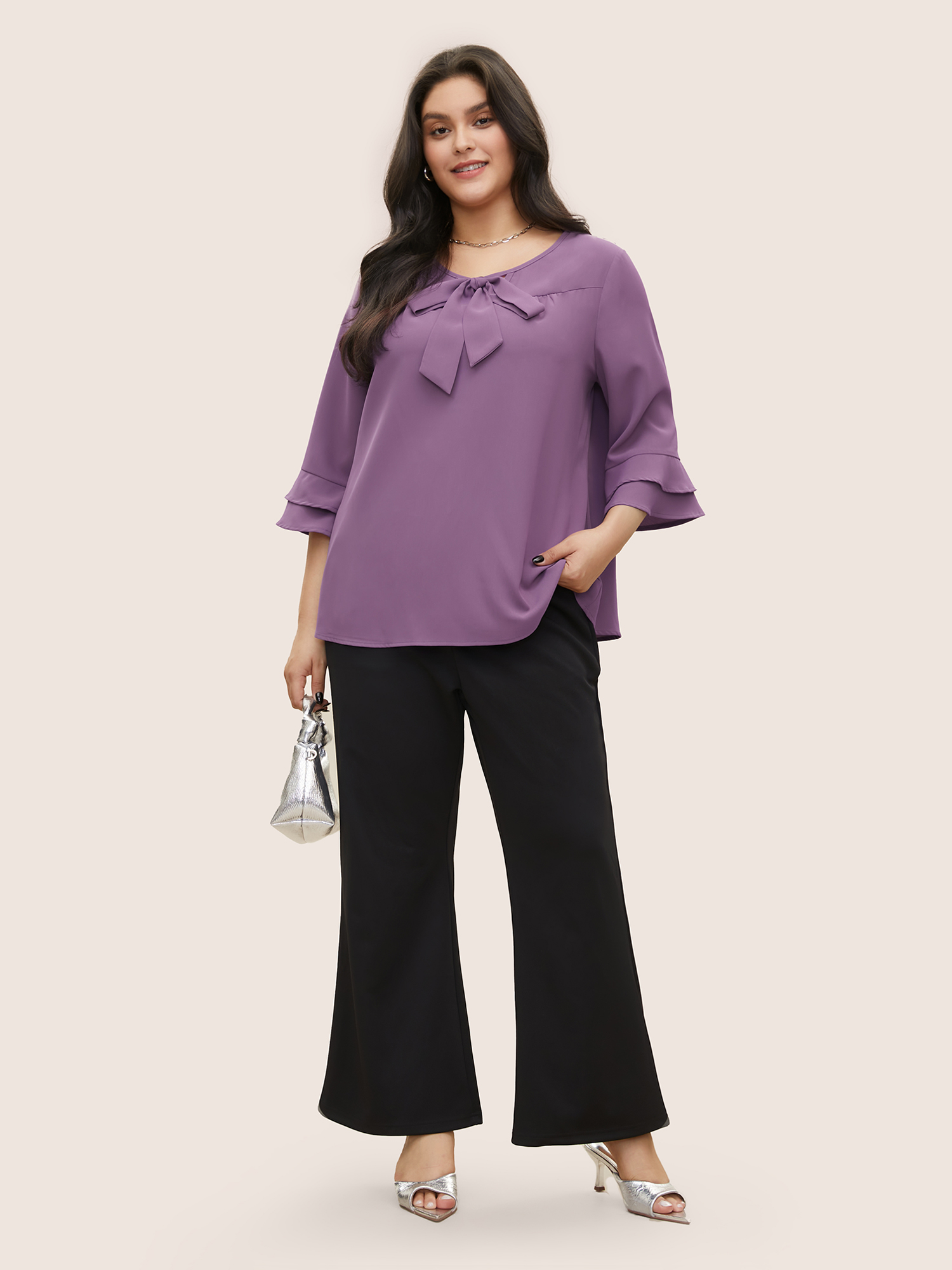 Plus Size Purple Solid Ribbon Tied Collar Bell Sleeve Blouse Women At the Office Elbow-length sleeve Ribbon-tied collar Work Blouses BloomChic 10/M 