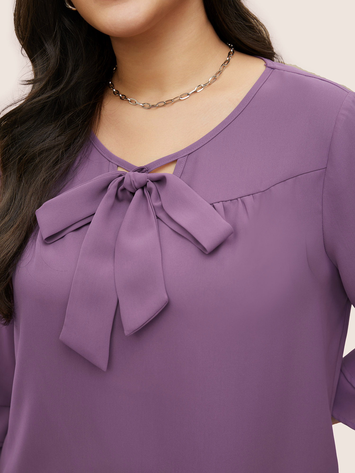 Plus Size Purple Solid Ribbon Tied Collar Bell Sleeve Blouse Women At the Office Elbow-length sleeve Ribbon-tied collar Work Blouses BloomChic 10/M 
