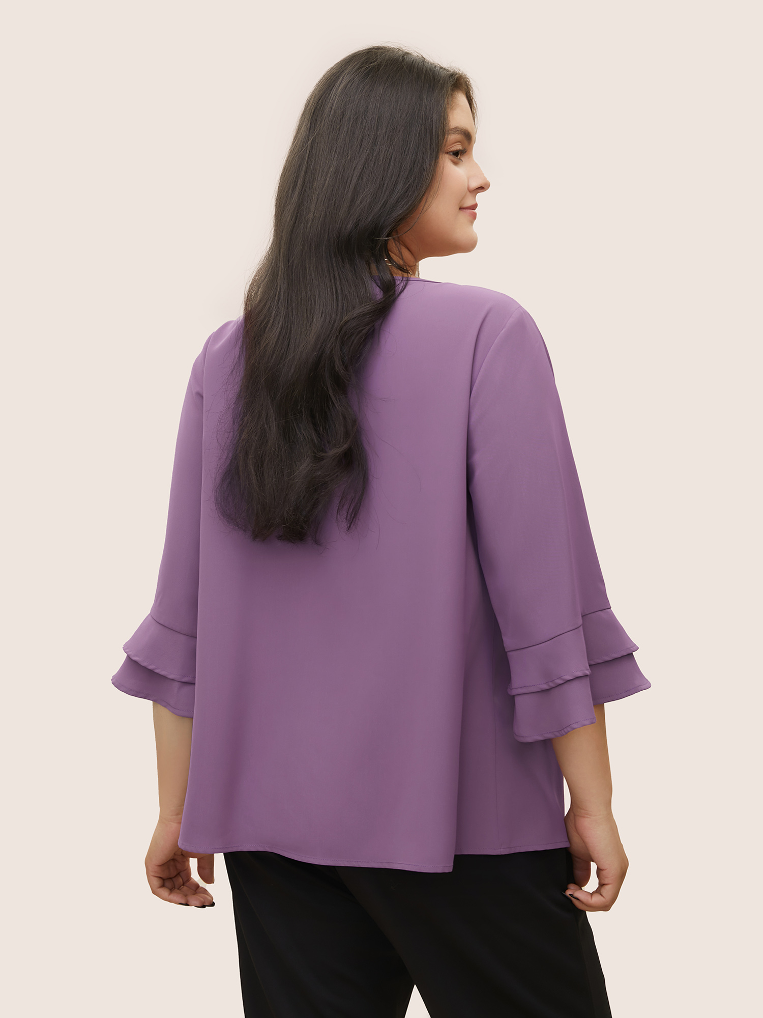 Plus Size Purple Solid Ribbon Tied Collar Bell Sleeve Blouse Women At the Office Elbow-length sleeve Ribbon-tied collar Work Blouses BloomChic 10/M 