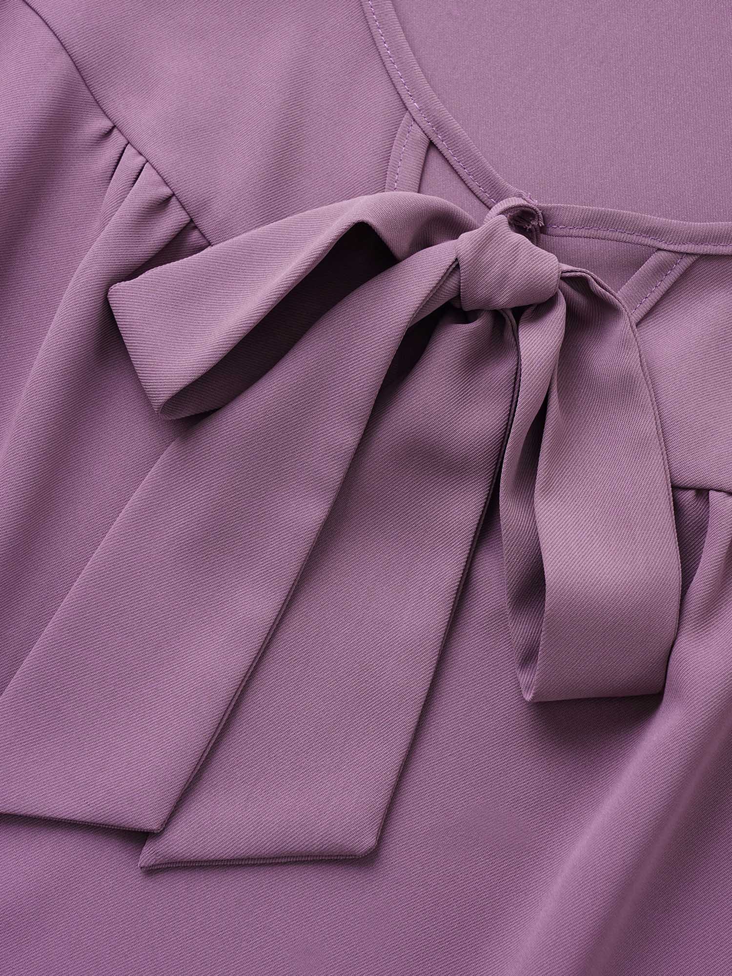 Plus Size Purple Solid Ribbon Tied Collar Bell Sleeve Blouse Women At the Office Elbow-length sleeve Ribbon-tied collar Work Blouses BloomChic 10/M 