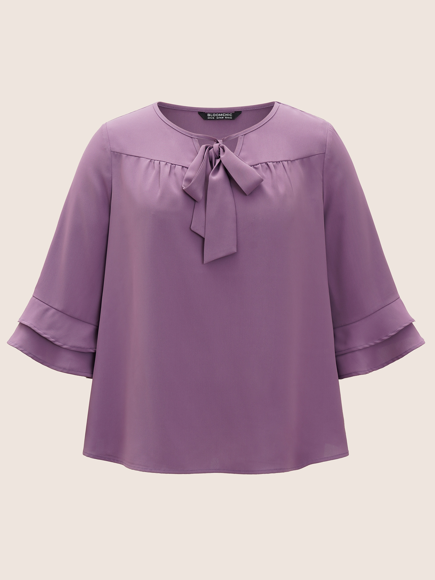 Plus Size Purple Solid Ribbon Tied Collar Bell Sleeve Blouse Women At the Office Elbow-length sleeve Ribbon-tied collar Work Blouses BloomChic 10/M 
