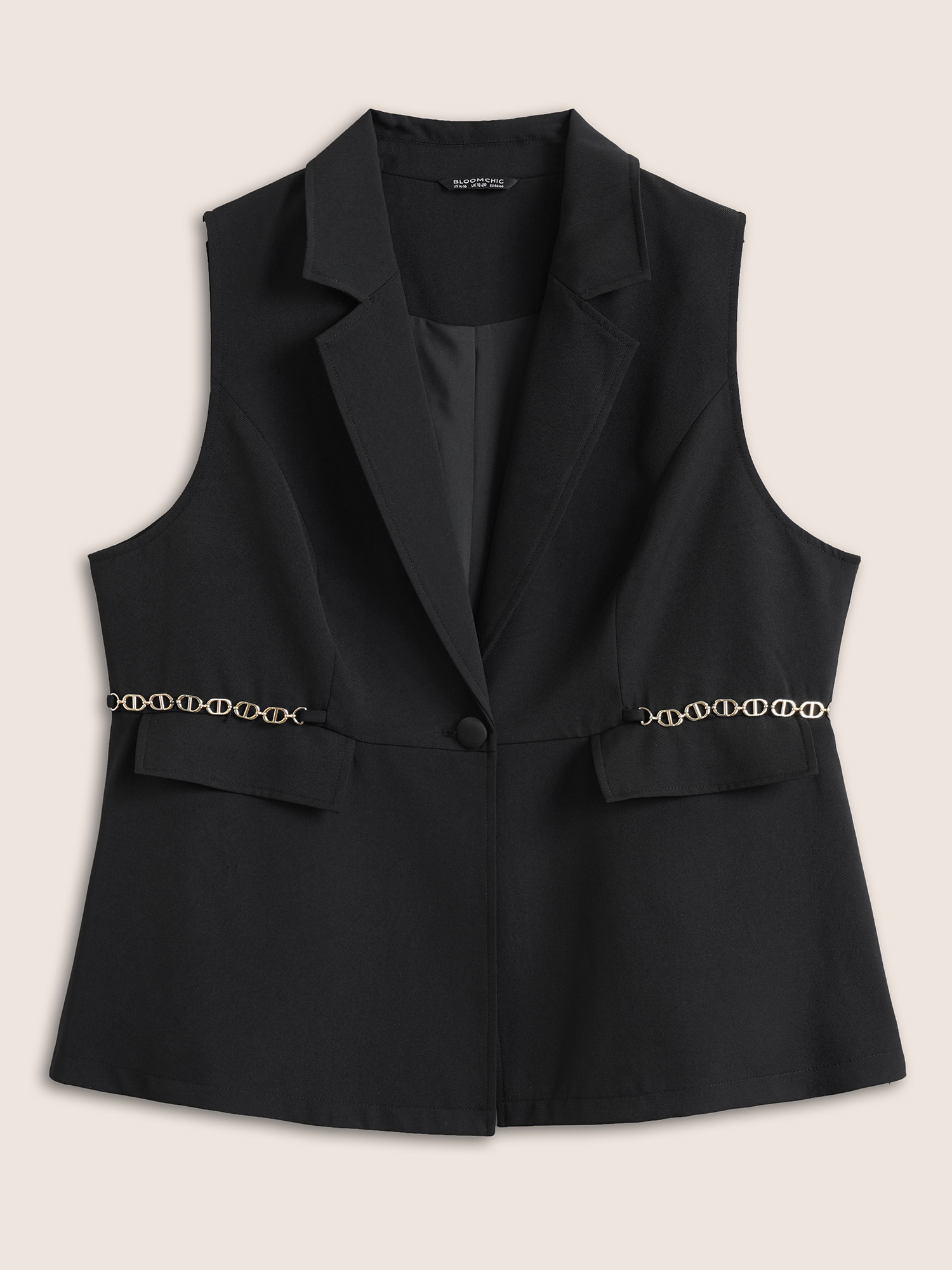 

Plus Size Plain Metal Chain Detail Button Up Vest Black At the Office Non Work Vests  Bloomchic