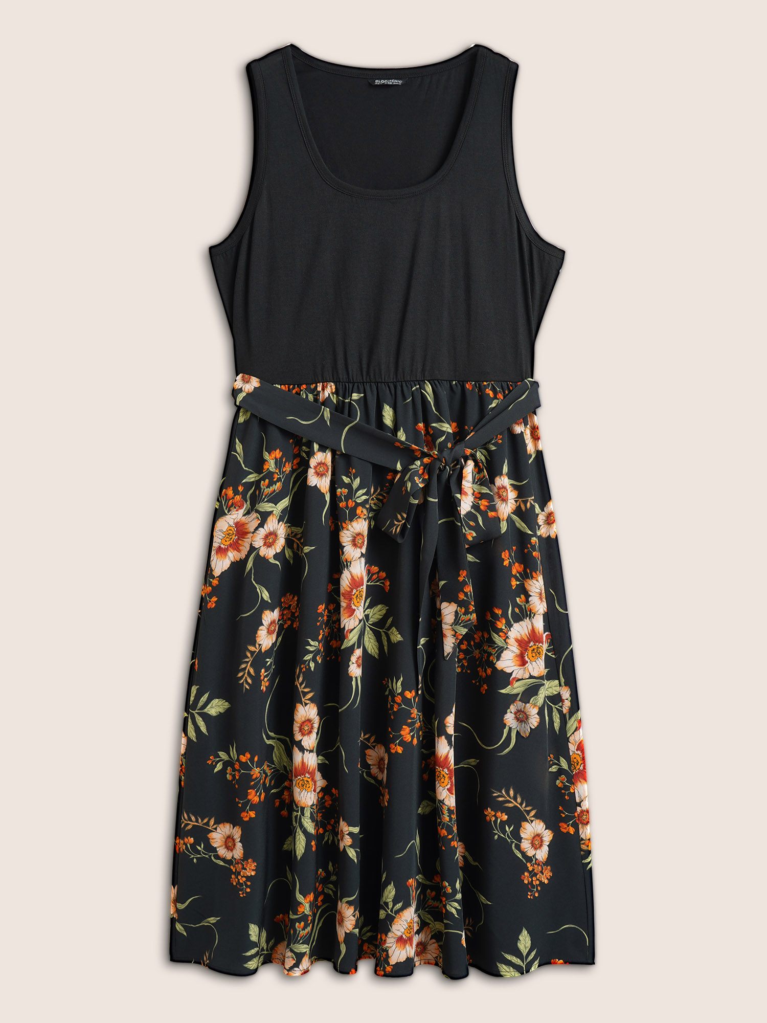 Plus Size Floral Patchwork Pocket Elastic Waist Sleeveless Dress Black Women Non Curvy Midi Dress BloomChic 14-16/1X 