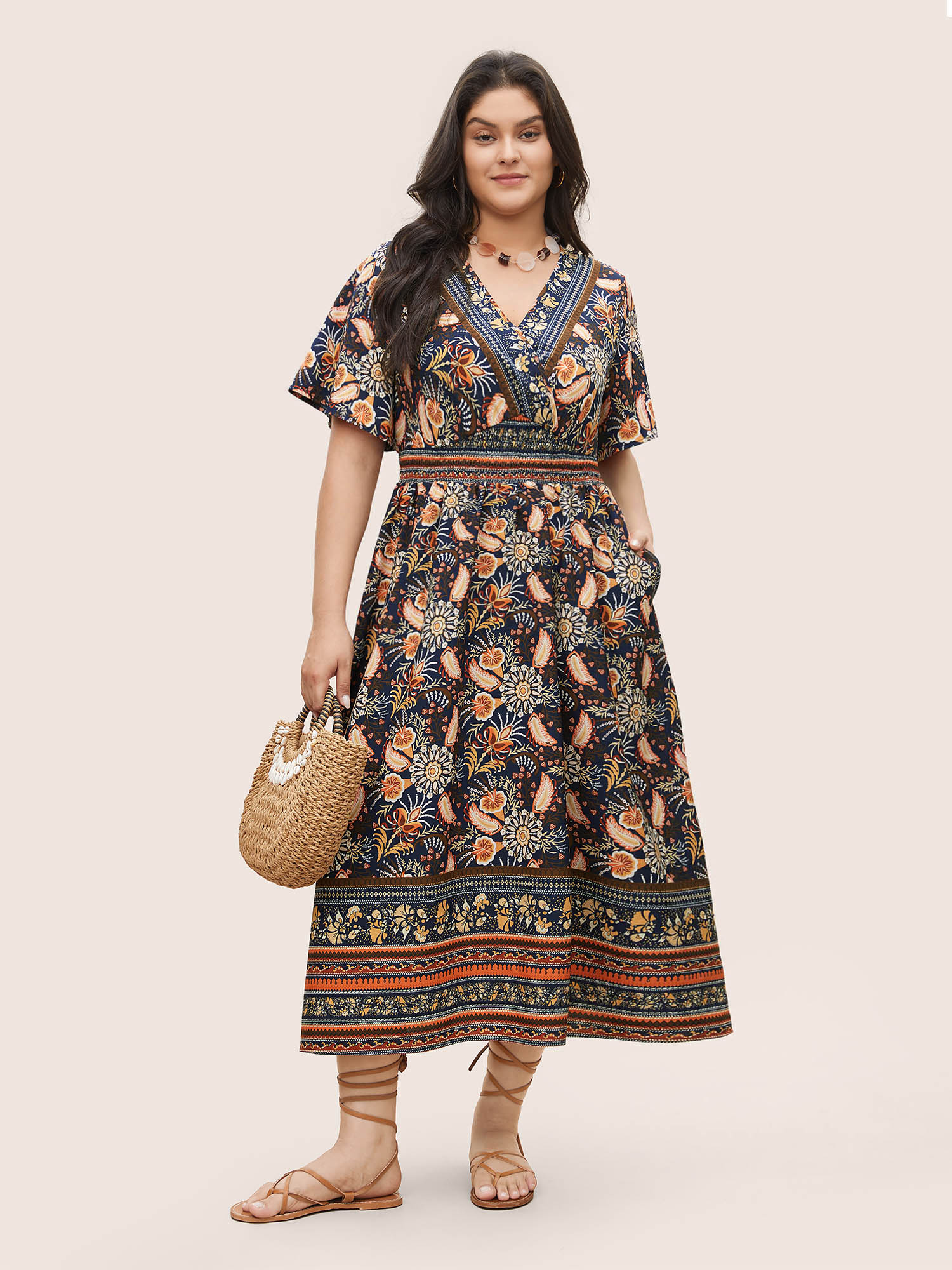 

Plus Size Bandana Print Shirred Overlap Collar Flutter Sleeve Dress DarkBlue Women Resort Non Overlap Collar Short sleeve Curvy Midi Dress BloomChic