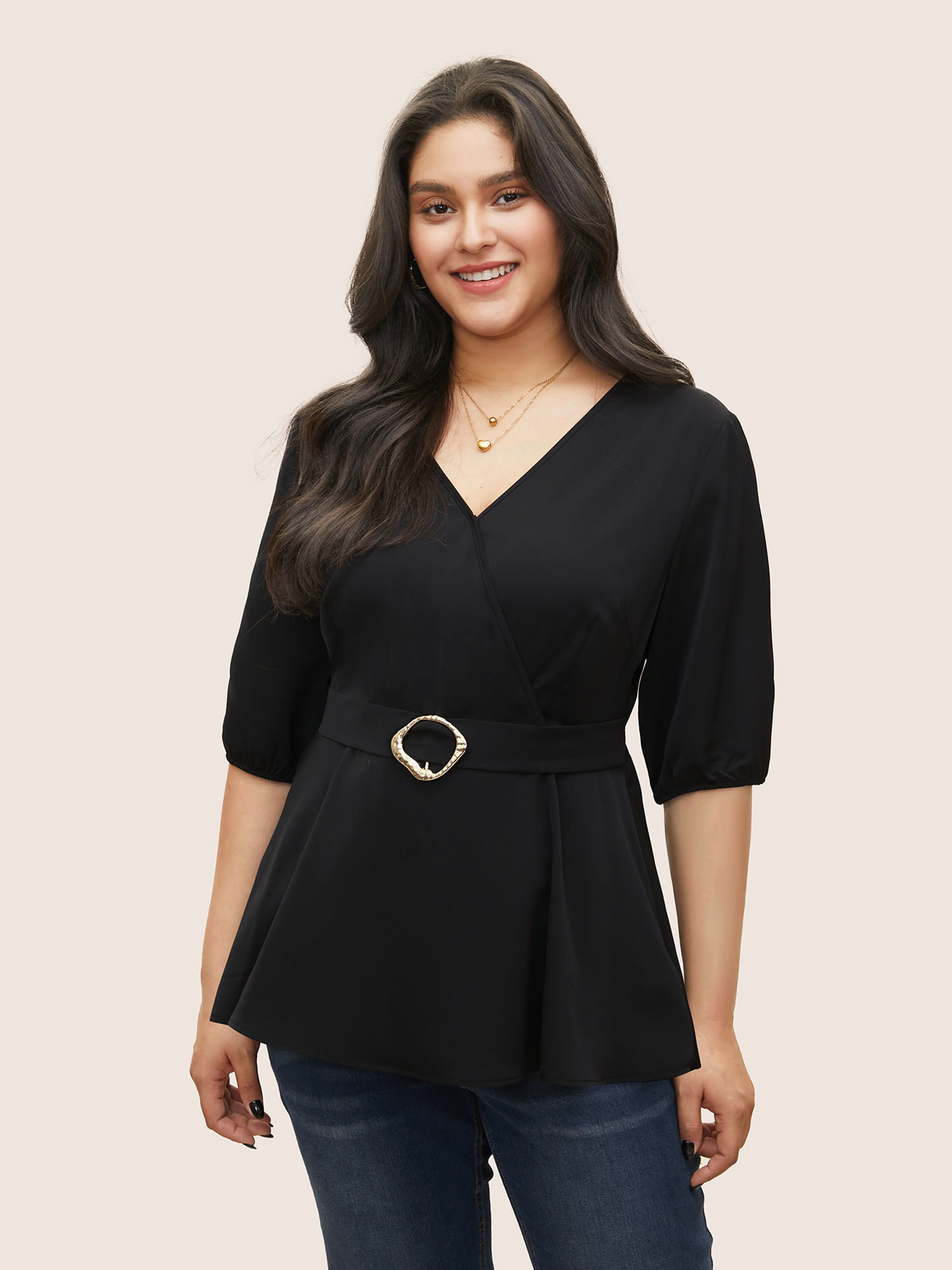 

Plus Size Black V Neck Metal Detail Wrap Blouse Women At the Office Half Sleeve Overlap Collar Work Blouses BloomChic