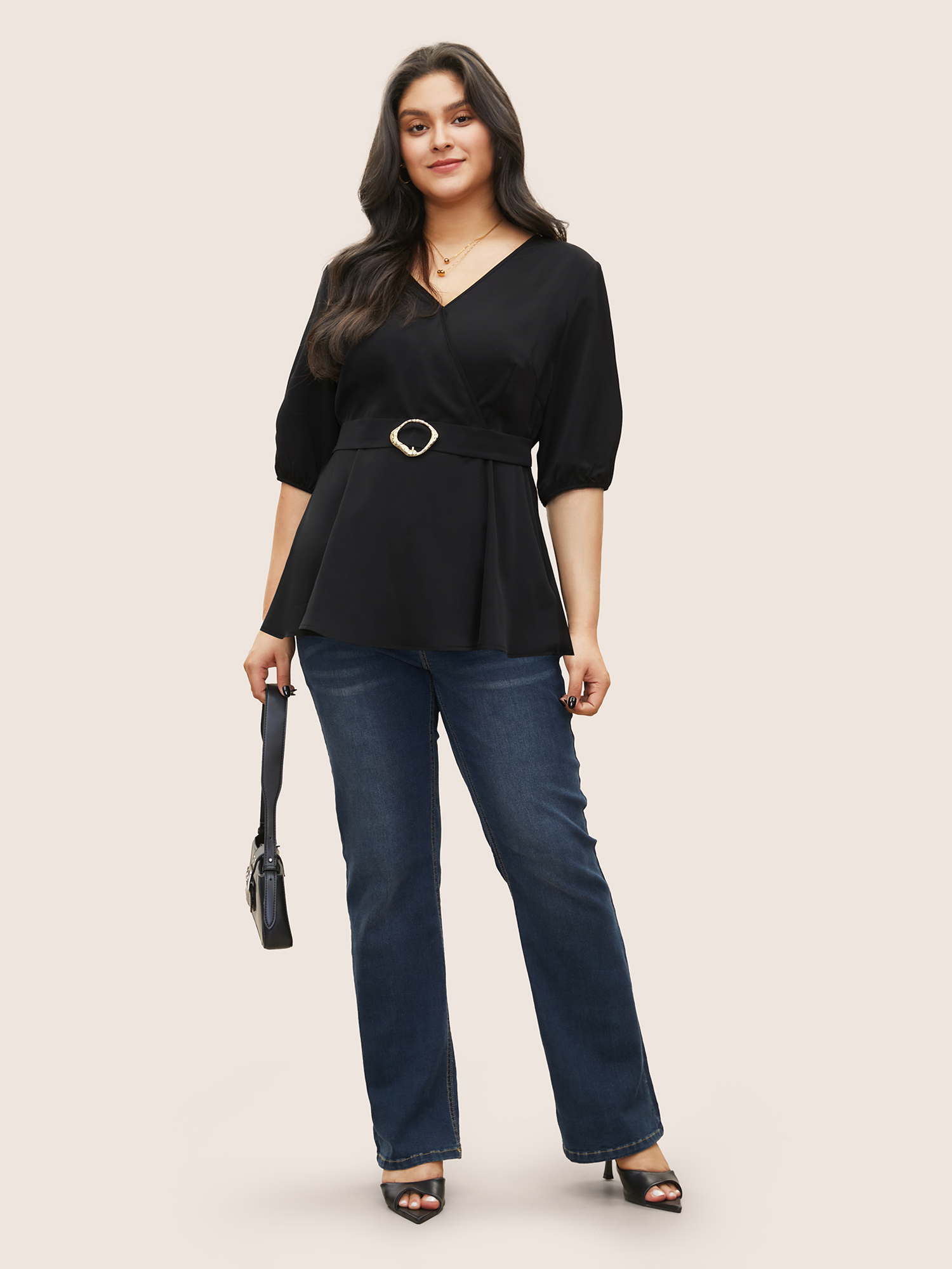 Plus Size Black V Neck Metal Detail Wrap Blouse Women At the Office Half Sleeve Overlap Collar Work Blouses BloomChic 14-16/1X 