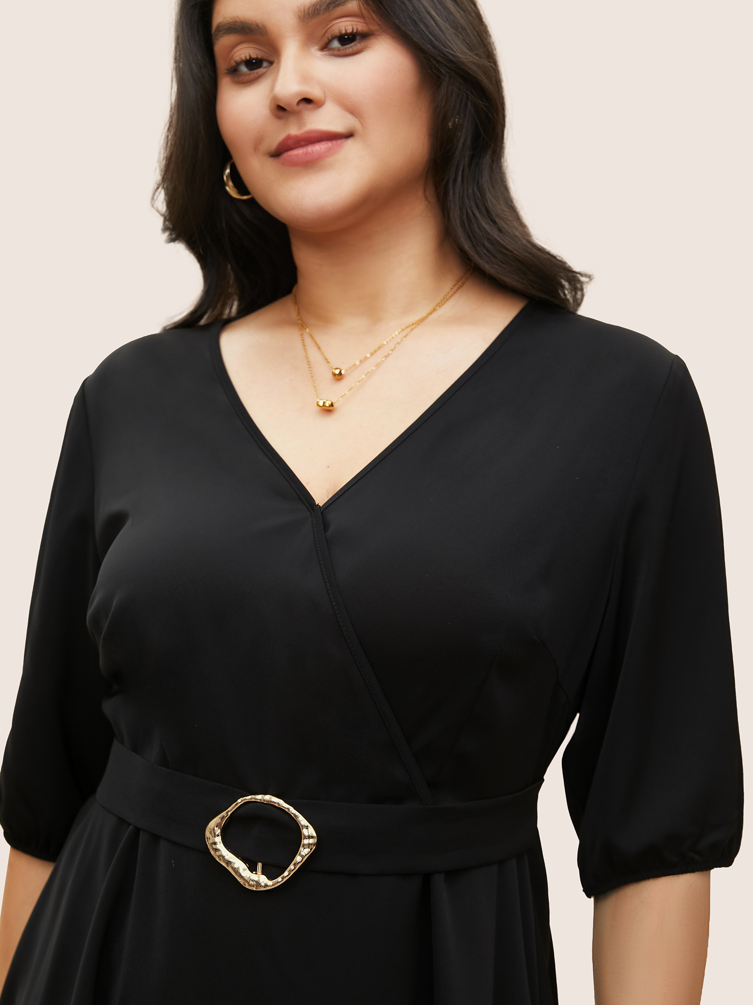 Plus Size Black V Neck Metal Detail Wrap Blouse Women At the Office Half Sleeve Overlap Collar Work Blouses BloomChic 14-16/1X 