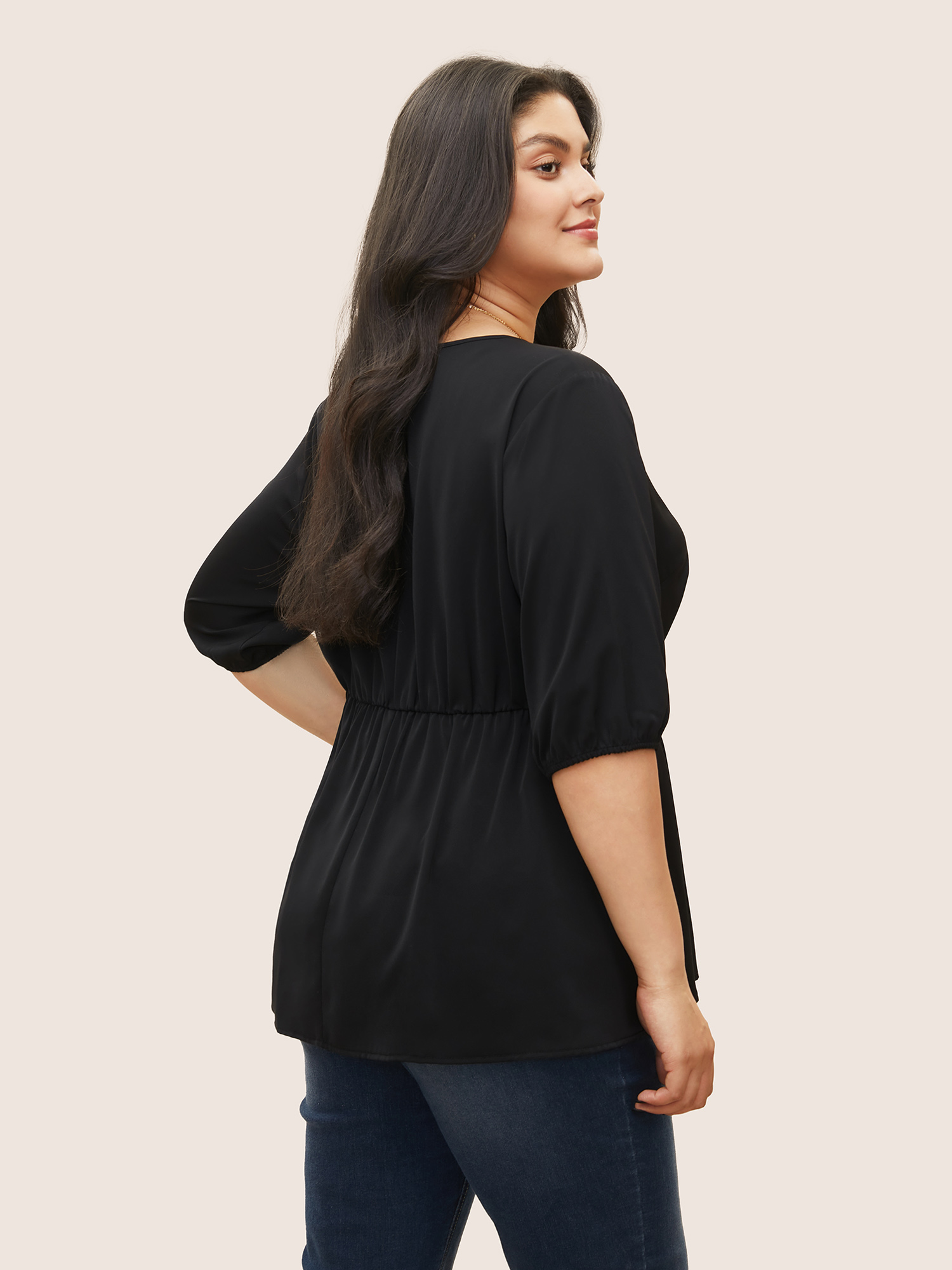 Plus Size Black V Neck Metal Detail Wrap Blouse Women At the Office Half Sleeve Overlap Collar Work Blouses BloomChic 14-16/1X 