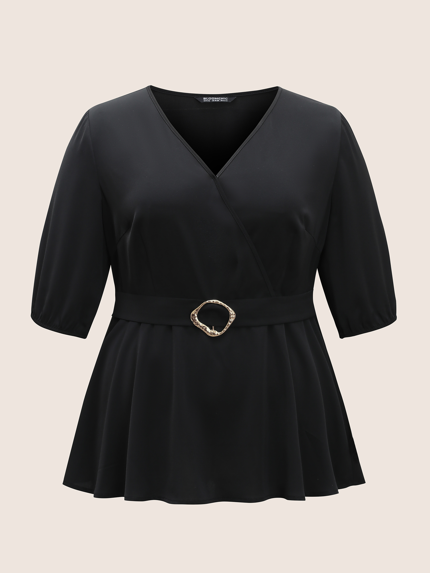 Plus Size Black V Neck Metal Detail Wrap Blouse Women At the Office Half Sleeve Overlap Collar Work Blouses BloomChic 14-16/1X 