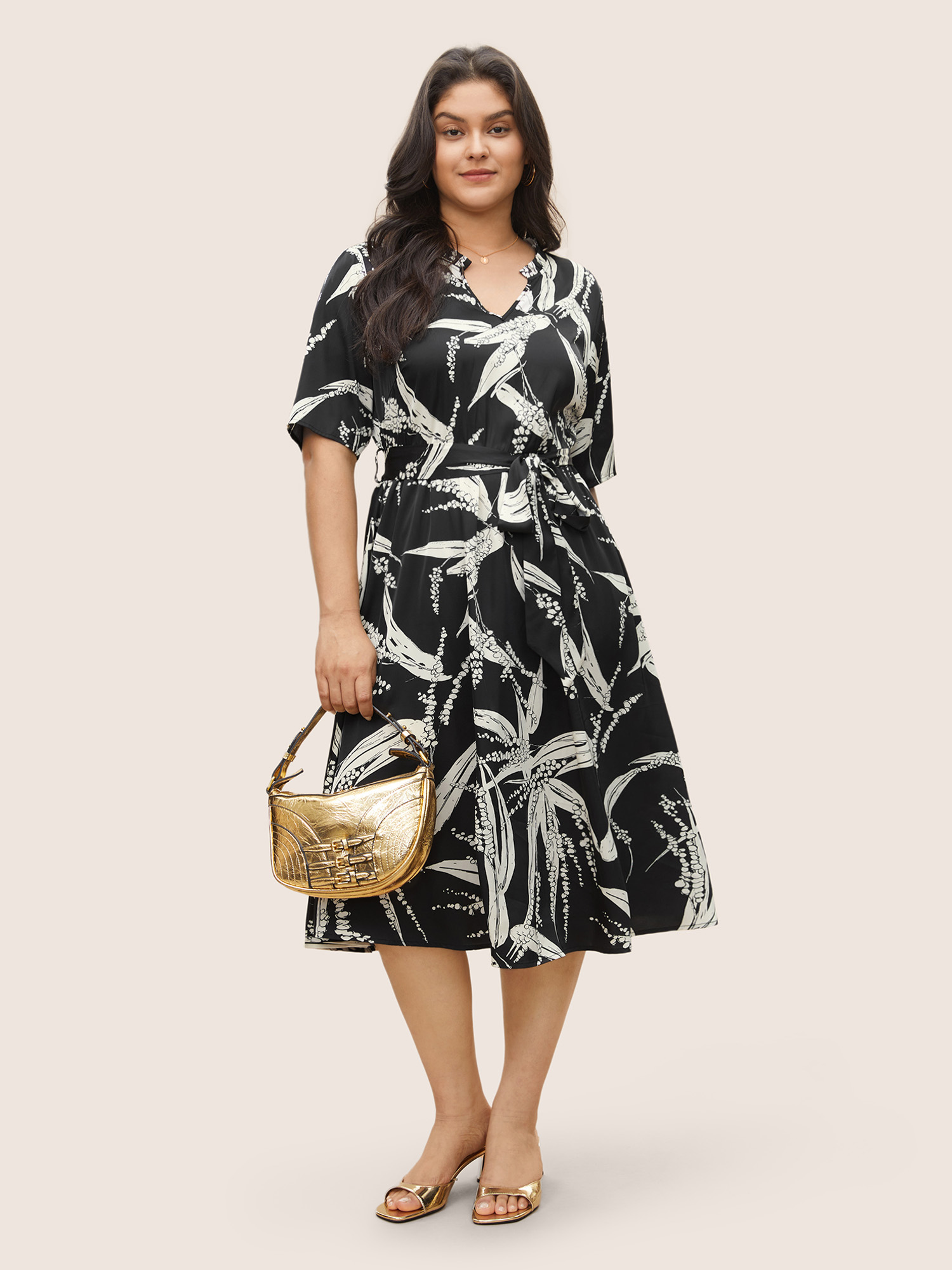 

Plus Size Plants Print Notched Belted Pocket Dress Black Women At the Office Non Notched collar Short sleeve Curvy Midi Dress BloomChic