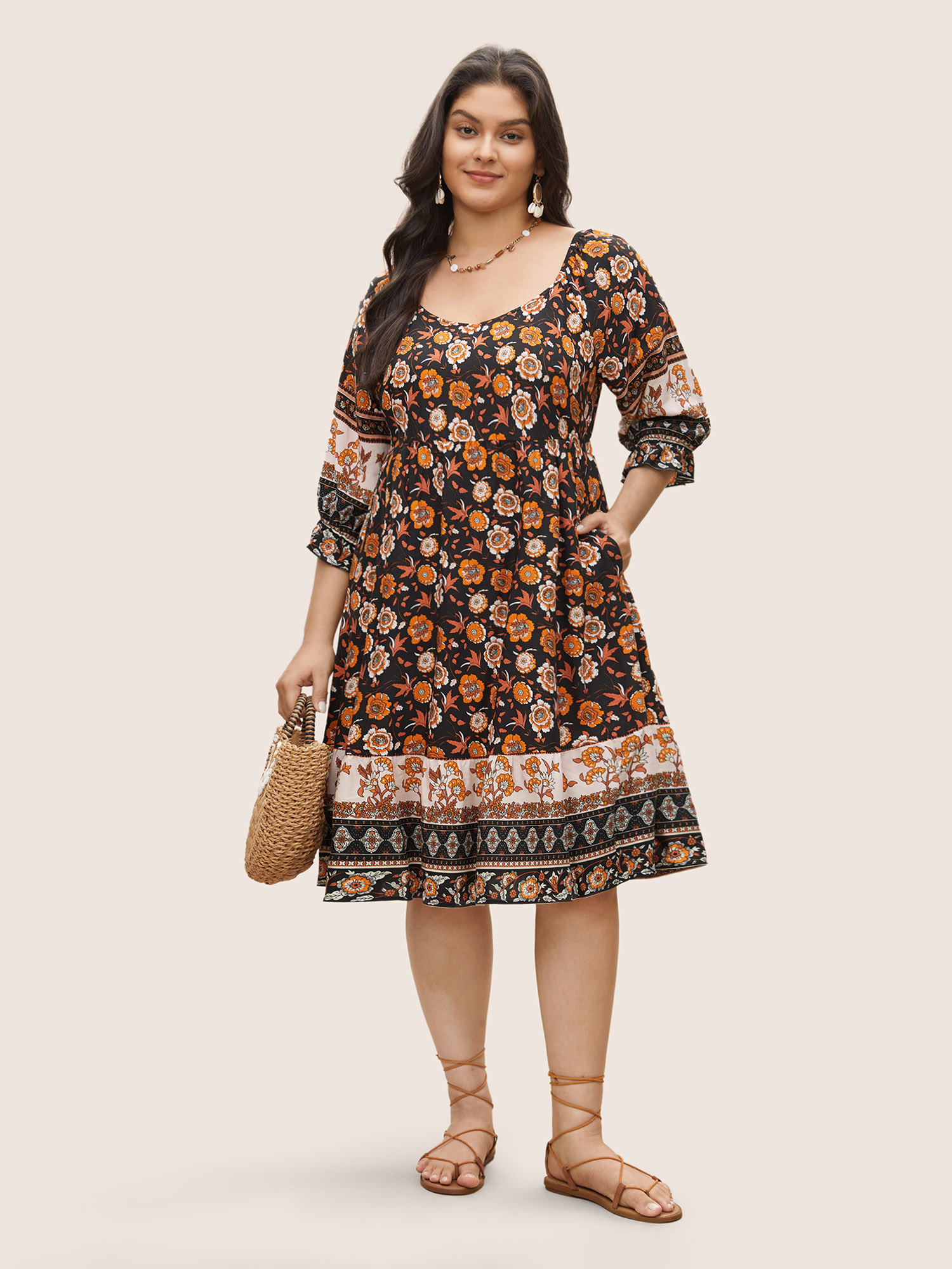 

Plus Size Bandana Print Square Neck Pocket Ruffle Sleeve Dress Black Women Resort Non Square Neck Elbow-length sleeve Curvy Midi Dress BloomChic