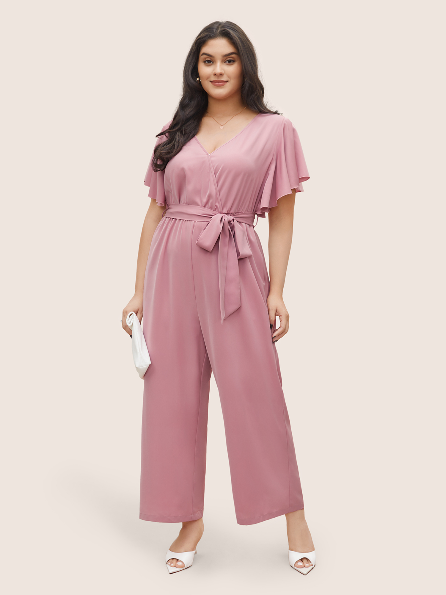 

Plus Size Rouge Anti-Wrinkle Plain Belted Flutter Sleeve Zipper Jumpsuit Women Elegant Short sleeve Overlap Collar Everyday Loose Jumpsuits BloomChic