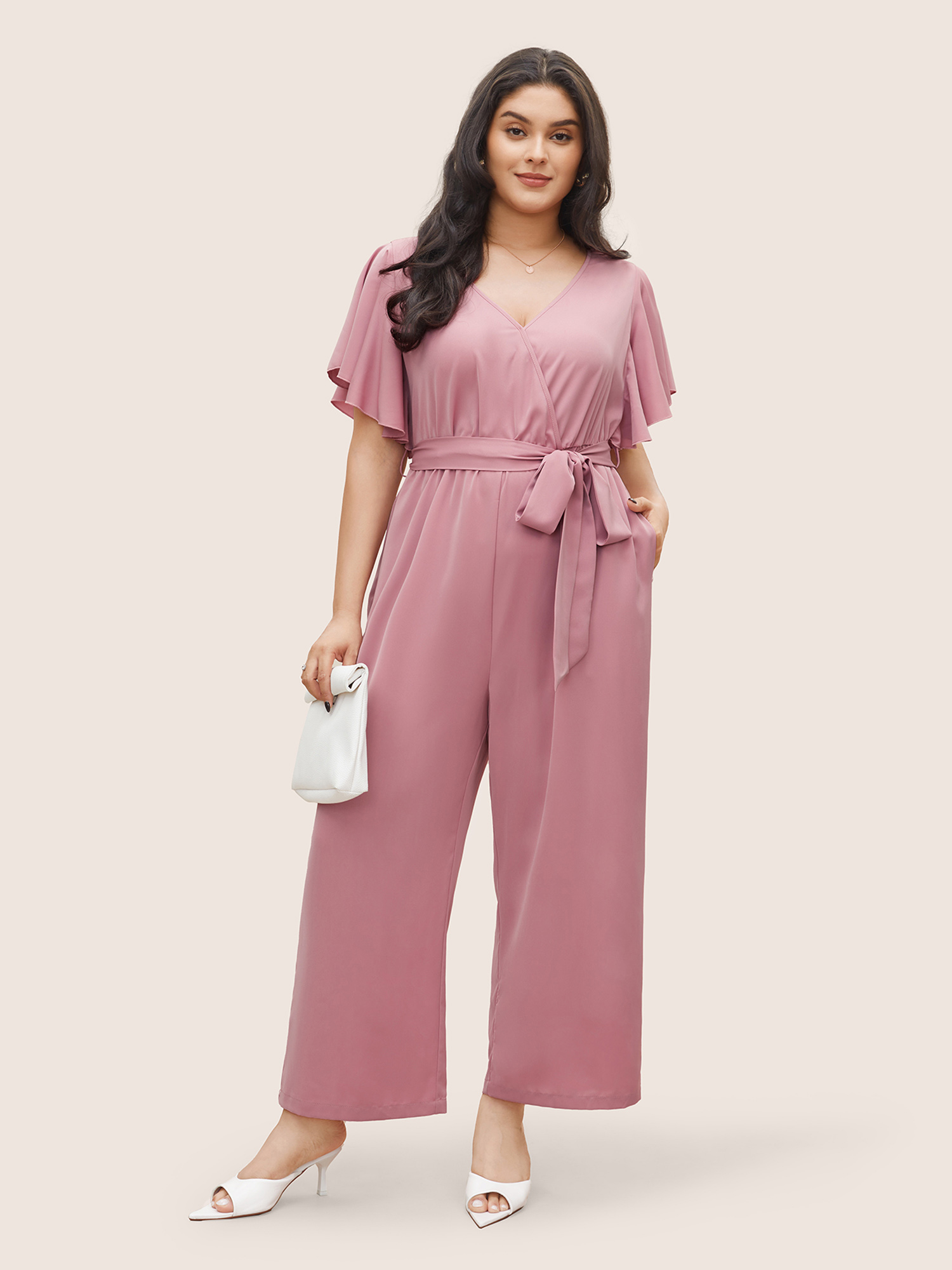 

Plus Size Rouge Anti-Wrinkle Plain Belted Flutter Sleeve Zipper Jumpsuit Women Elegant Short sleeve Overlap Collar Everyday Loose Jumpsuits BloomChic