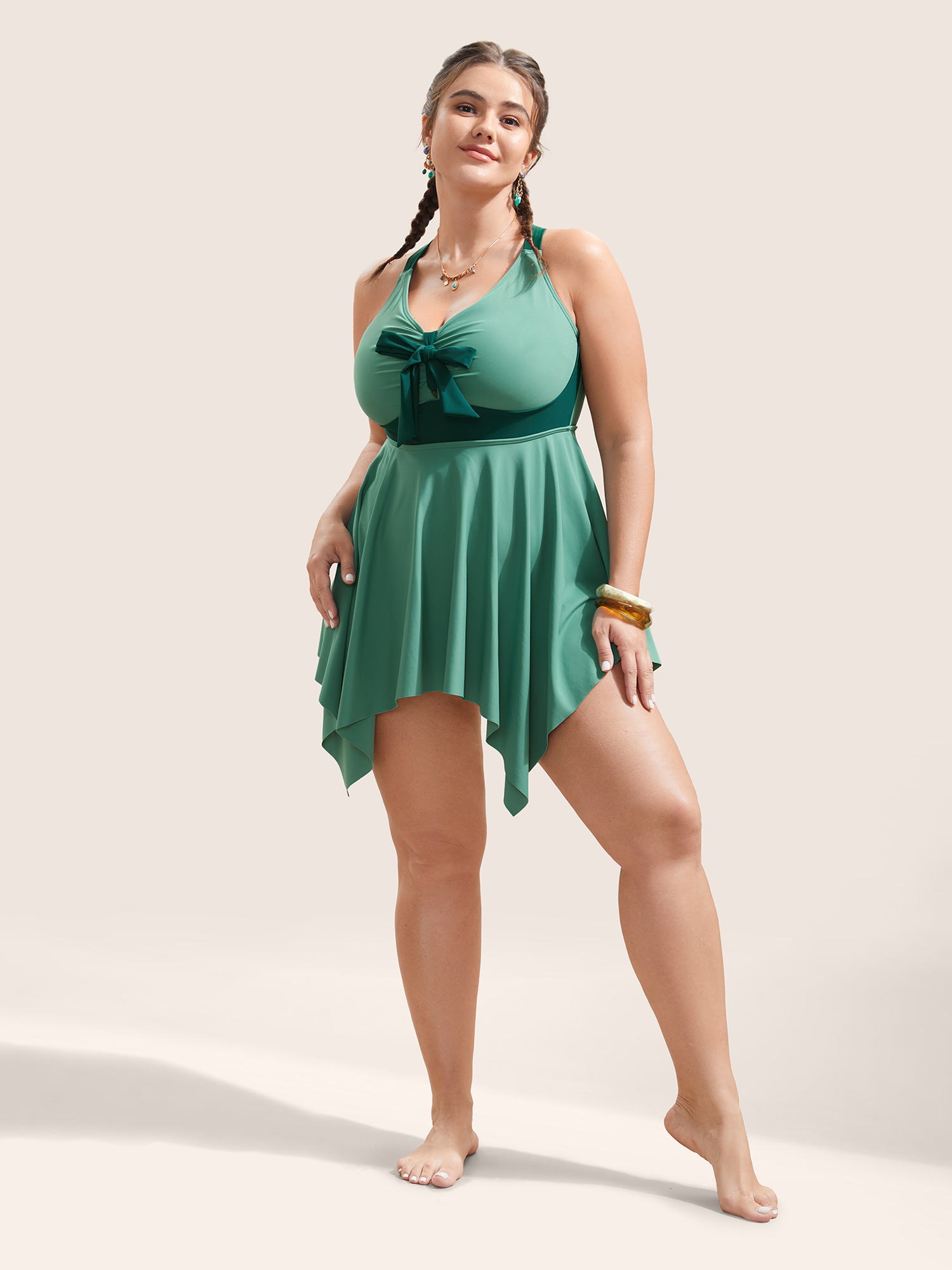 Plus Size Plain Patchwork Bowknot Hanky Hem Swim Dress Women`s Swimwear Mint Beach Bodycon V-neck High stretch Curve Swim Dresses BloomChic 10/M 