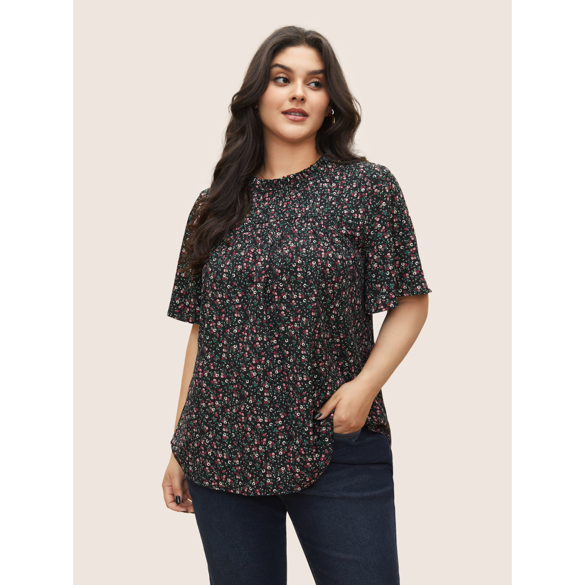 

Plus Size Black Ditsy Floral Plicated Detail Frill Trim Blouse Women Elegant Short sleeve Round Neck Everyday Blouses BloomChic