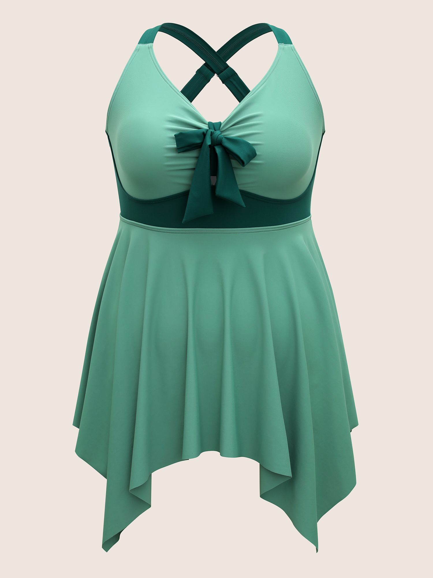 Plus Size Plain Patchwork Bowknot Hanky Hem Swim Dress Women`s Swimwear Mint Beach Bodycon V-neck High stretch Curve Swim Dresses BloomChic 10/M 