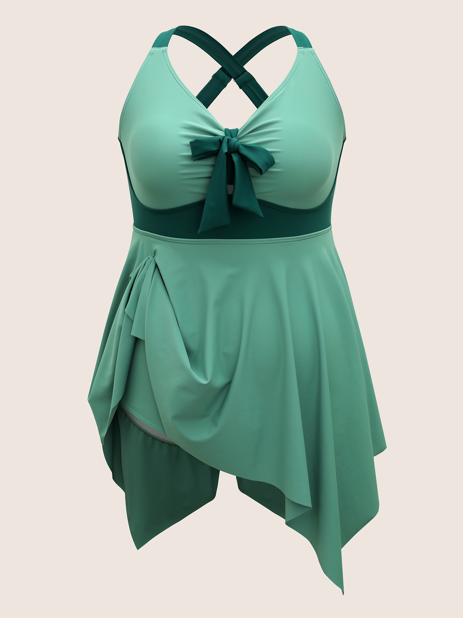 Plus Size Plain Patchwork Bowknot Hanky Hem Swim Dress Women`s Swimwear Mint Beach Bodycon V-neck High stretch Curve Swim Dresses BloomChic 10/M 