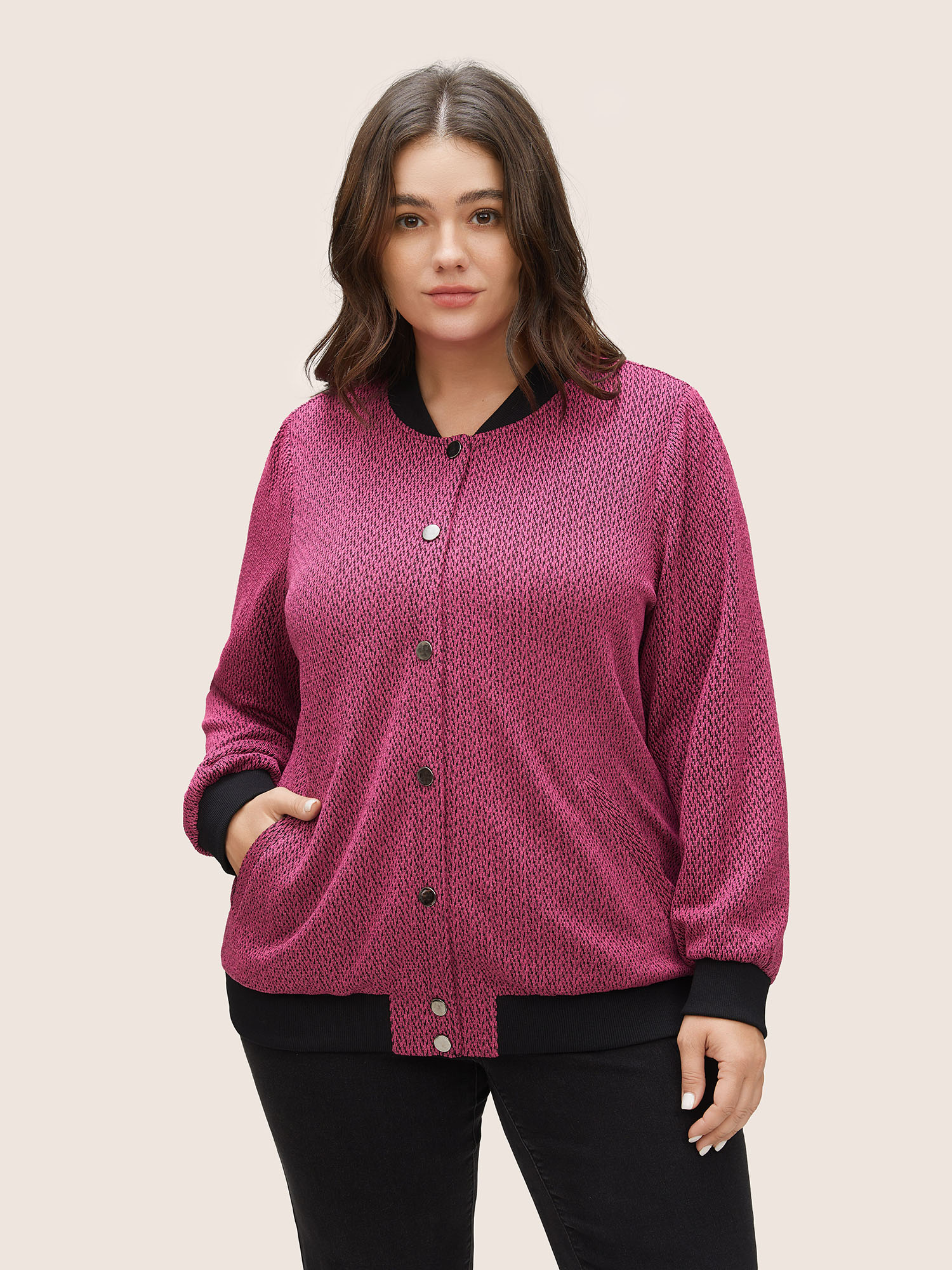 

Plus Size Contrast Textured Baseball Collar Jacket Women RedViolet Non Side seam pocket Everyday Jackets BloomChic