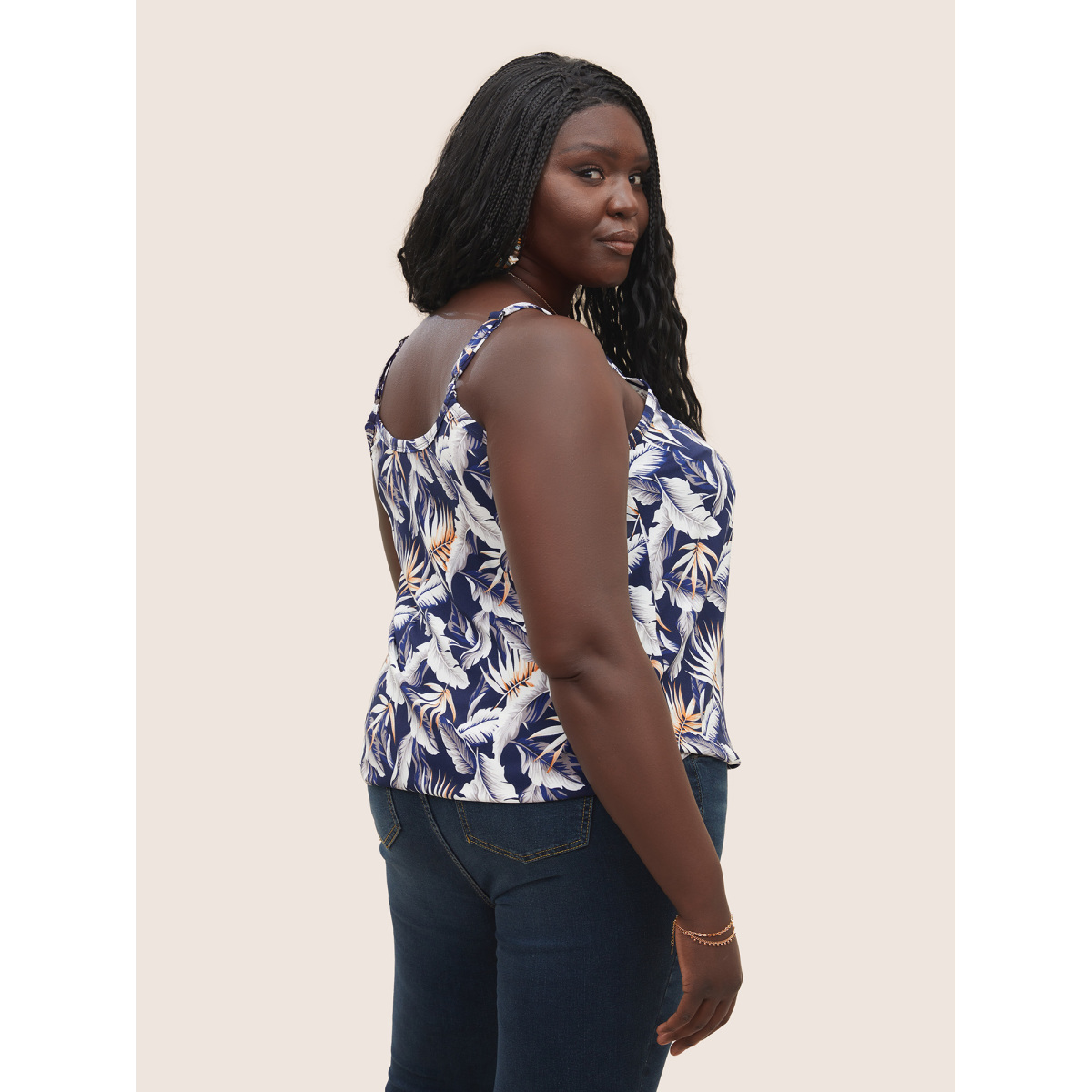 

Plus Size Tropical Print Wrap Cut Out Cami Top Women Indigo Resort Overlapping Notched collar Vacation Tank Tops Camis BloomChic