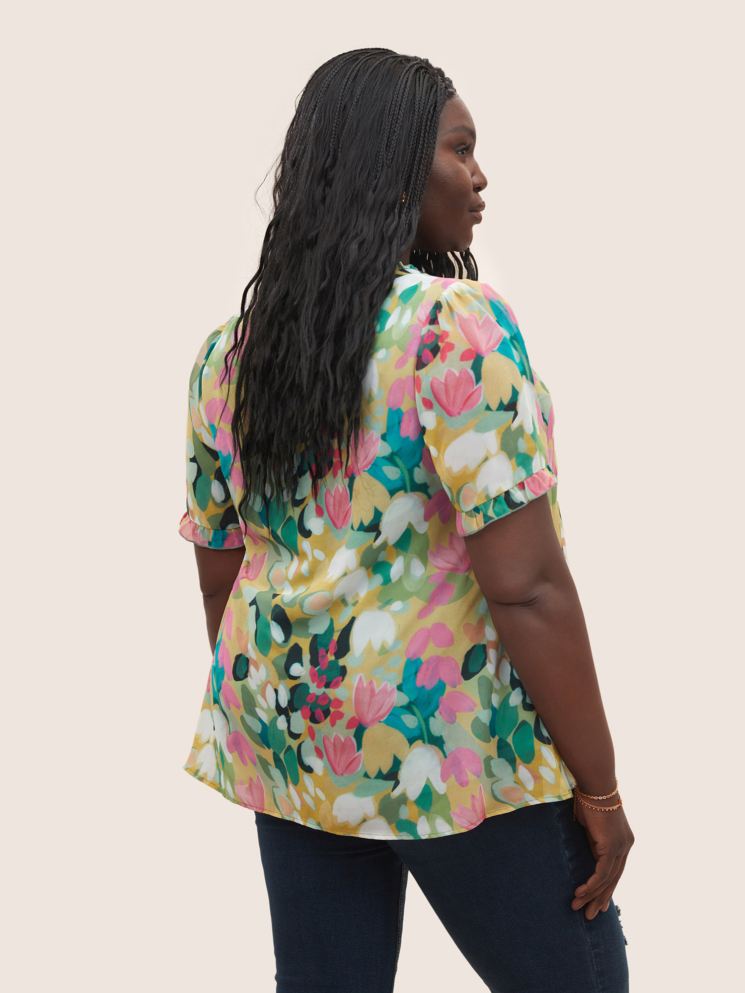 Plus Size Green Floral Print Frill Trim Button Detail Blouse Women Resort Short sleeve V-neck Vacation Blouses BloomChic 26/4X 