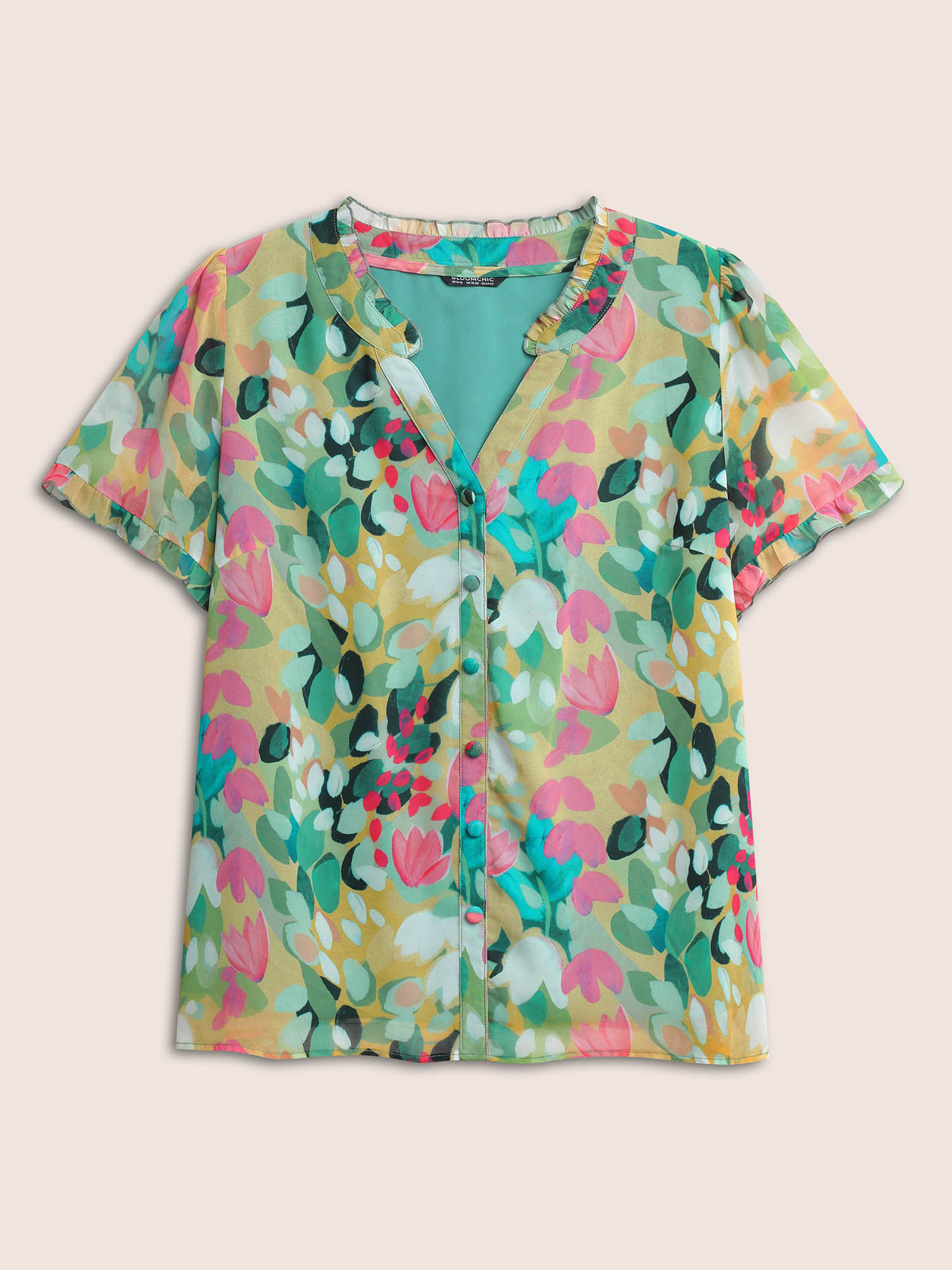 Plus Size Green Floral Print Frill Trim Button Detail Blouse Women Resort Short sleeve V-neck Vacation Blouses BloomChic 26/4X 