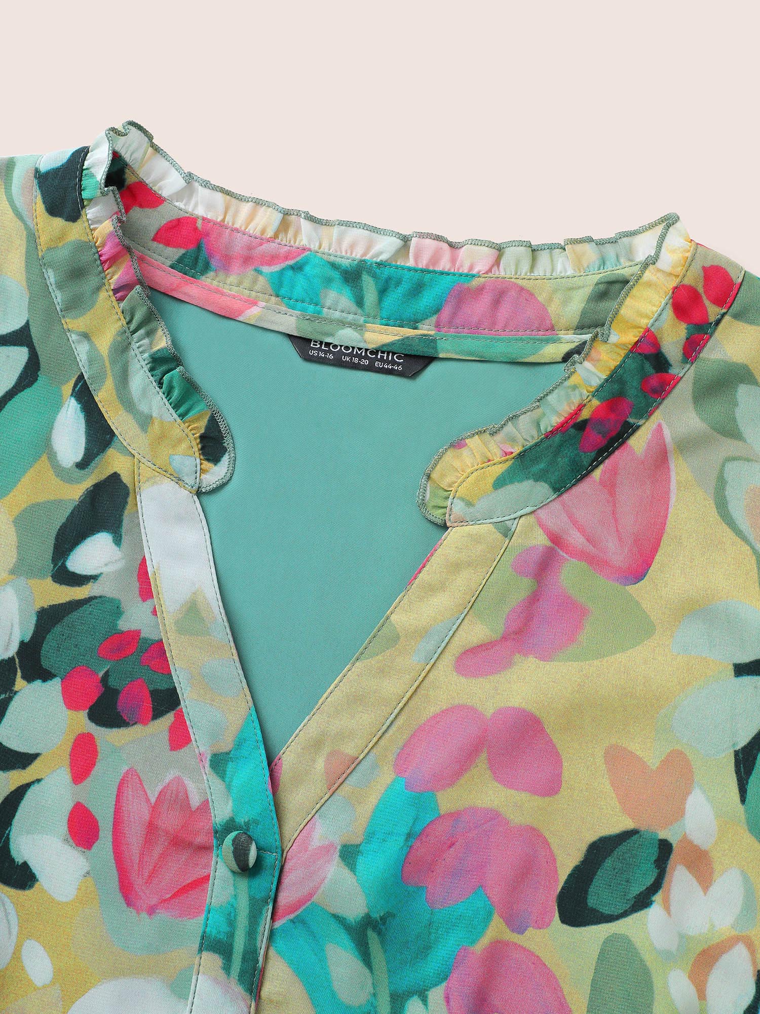 Plus Size Green Floral Print Frill Trim Button Detail Blouse Women Resort Short sleeve V-neck Vacation Blouses BloomChic 26/4X 