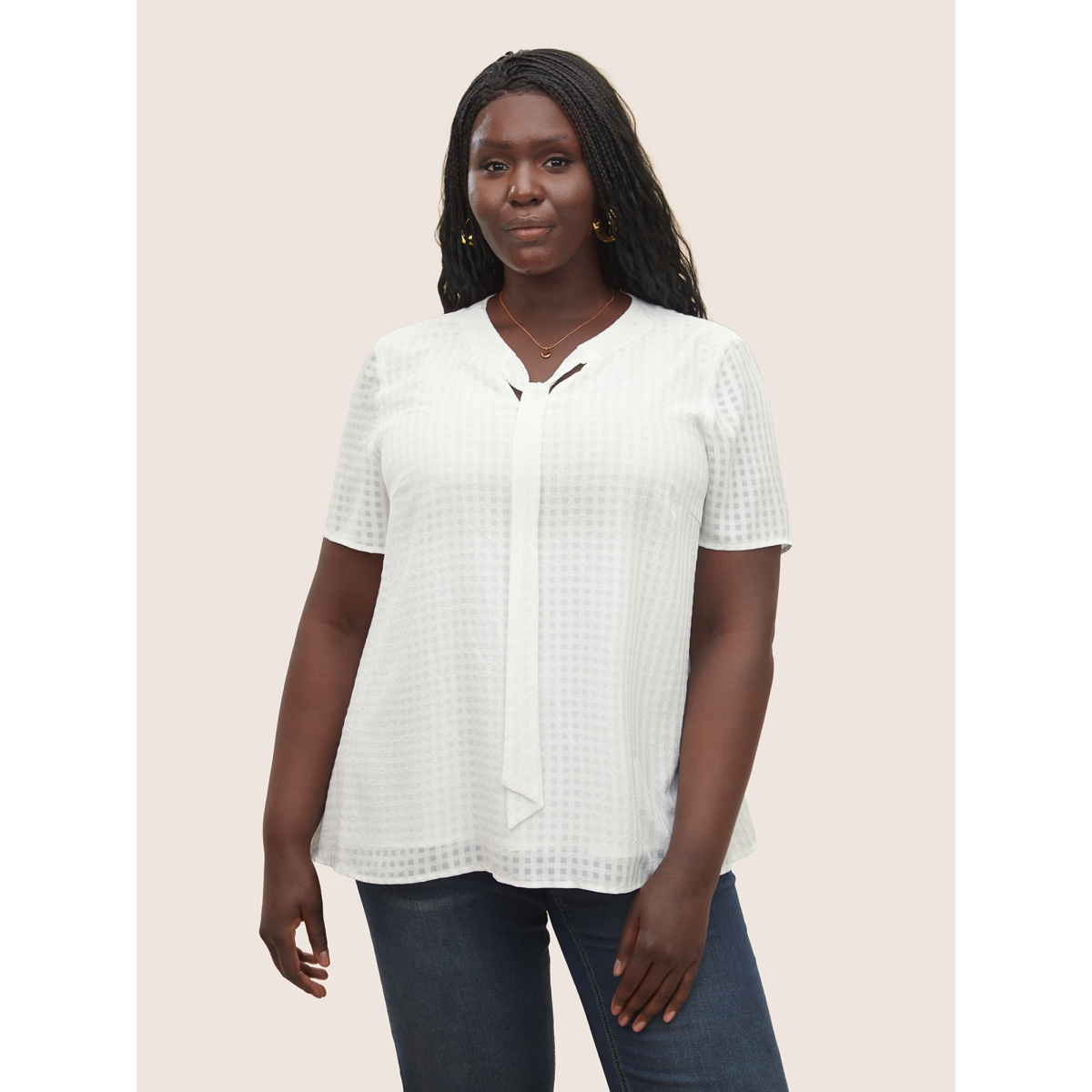 

Plus Size Ivory Solid Textured Chiffon Mesh Tie Neck Blouse Women At the Office Ribbon-tied collar Work Blouses BloomChic