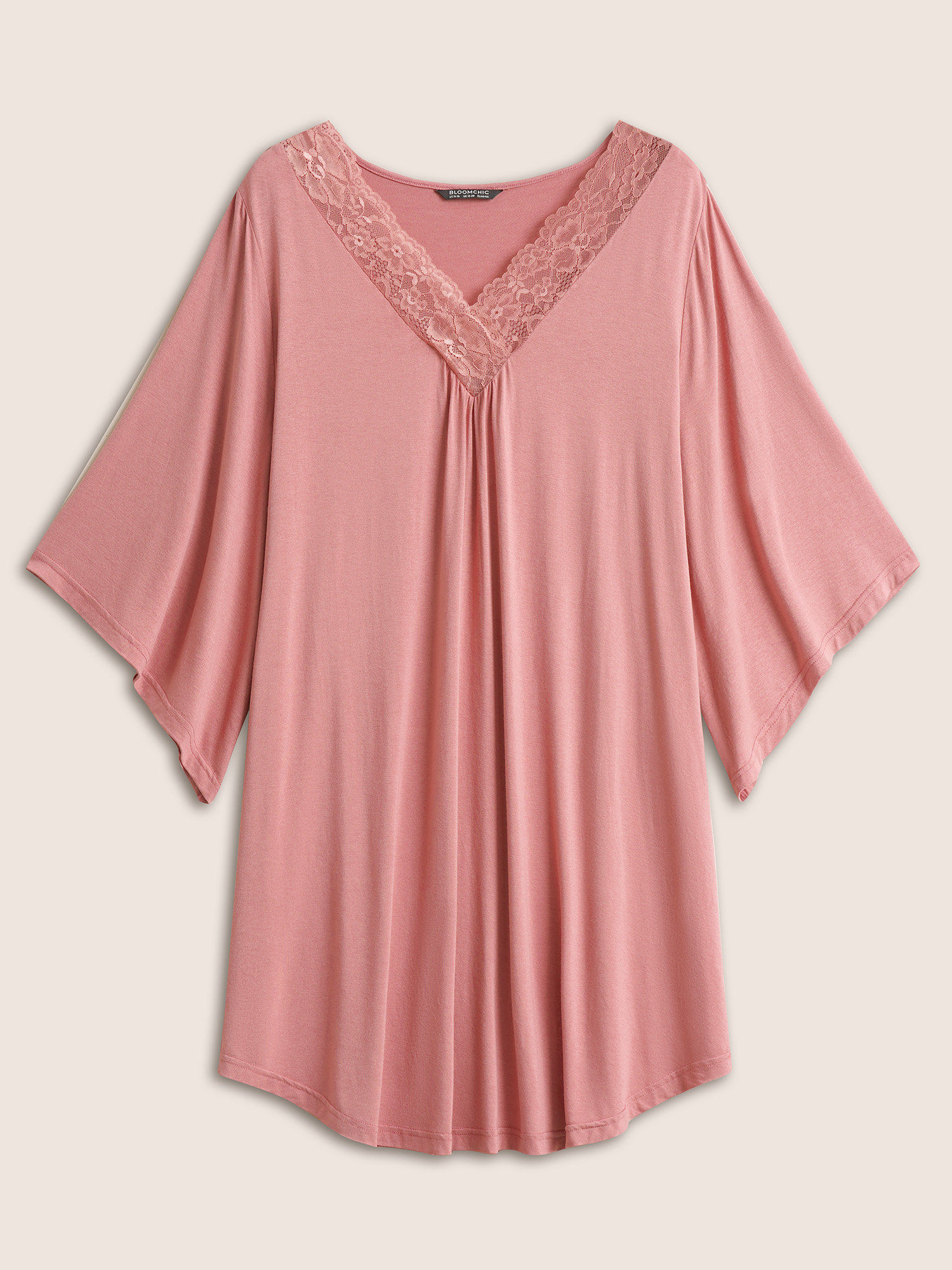 

Plus Size Lace Panel Bell Sleeve Arc Hem Sleep Dress Rouge Elbow-length sleeve V-neck Lounge Everyday  Bloomchic