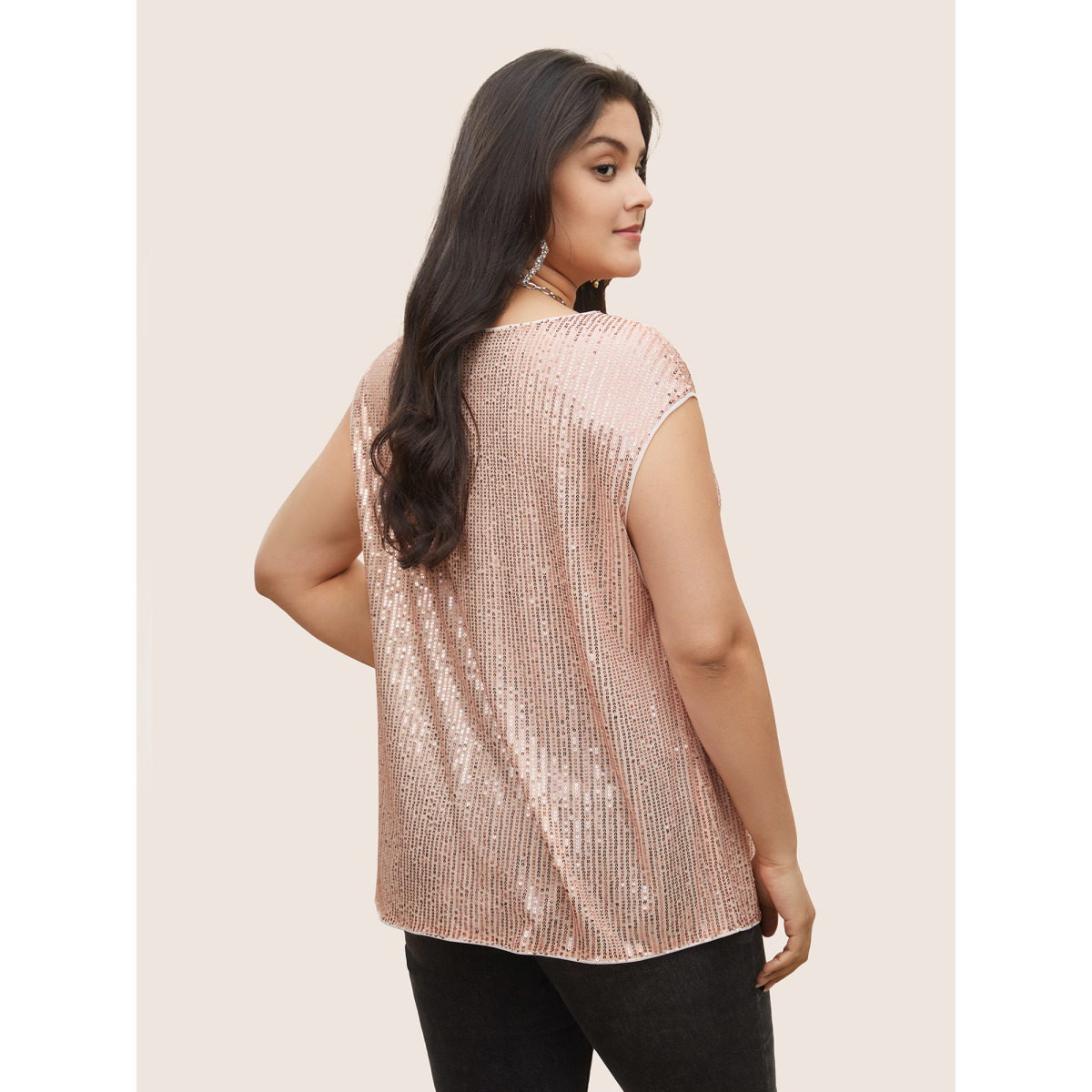

Plus Size Champagne Solid Sequin Cowl Neck Sleeveless Blouse Women Cocktail Sleeveless Cowl Neck Party Blouses BloomChic