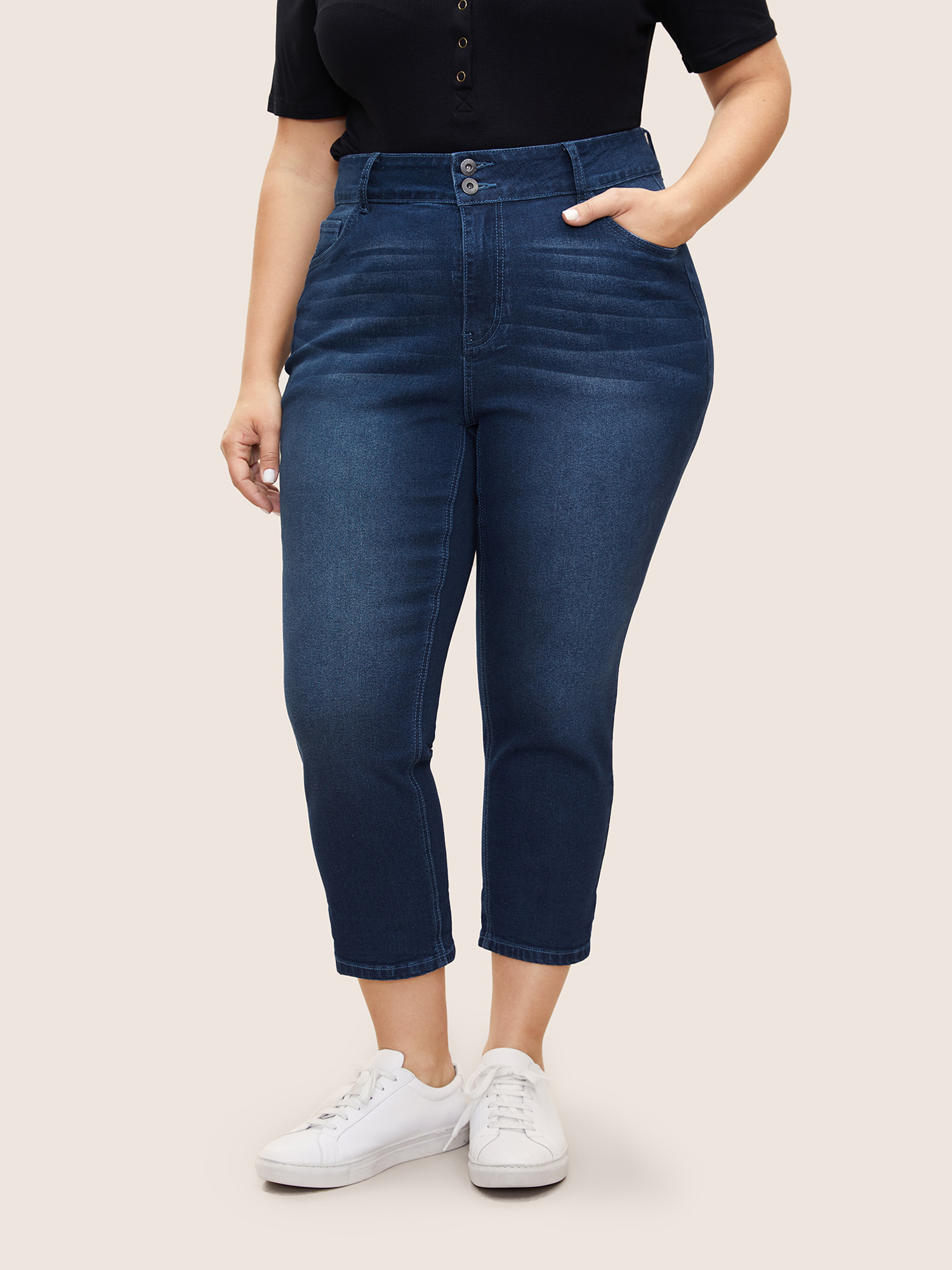 Plus Size Bodycon Roll Hem Medium Wash Jeans Women Blue Casual Plain Non High stretch Slanted pocket Jeans BloomChic 30/6X 