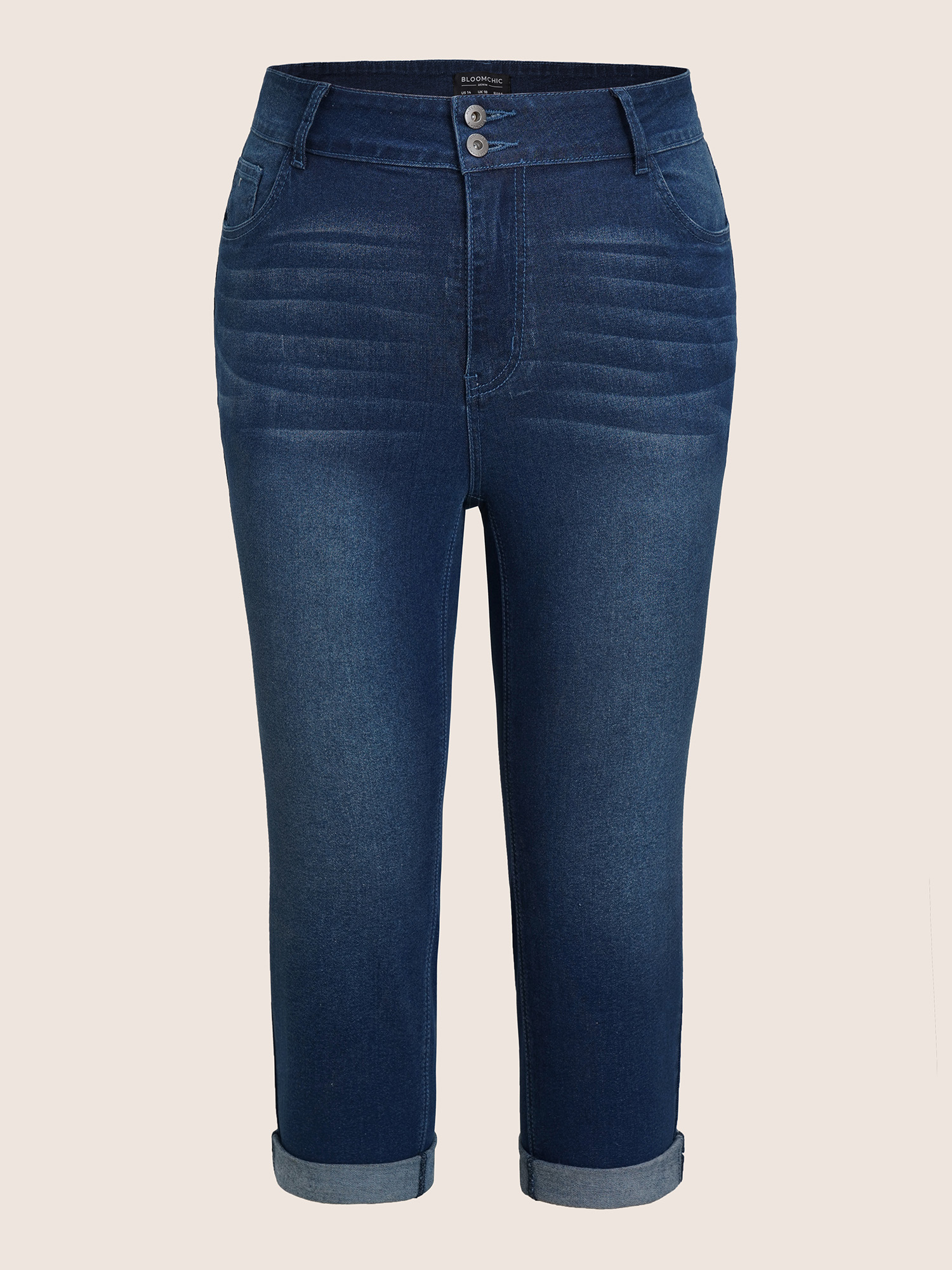 Plus Size Bodycon Roll Hem Medium Wash Jeans Women Blue Casual Plain Non High stretch Slanted pocket Jeans BloomChic 30/6X 