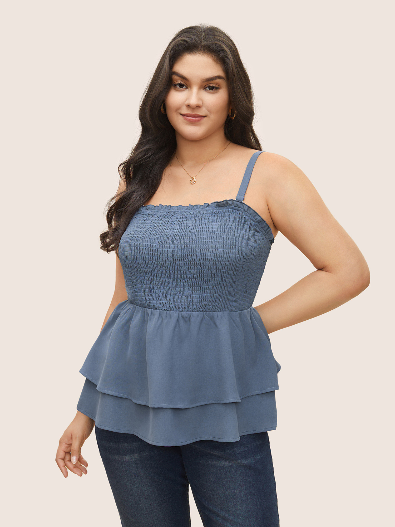 

Plus Size Solid Shirred Ruffle Layered Hem Cami Top Women Stone Casual Adjustable Straps Spaghetti Strap Everyday Tank Tops Camis BloomChic