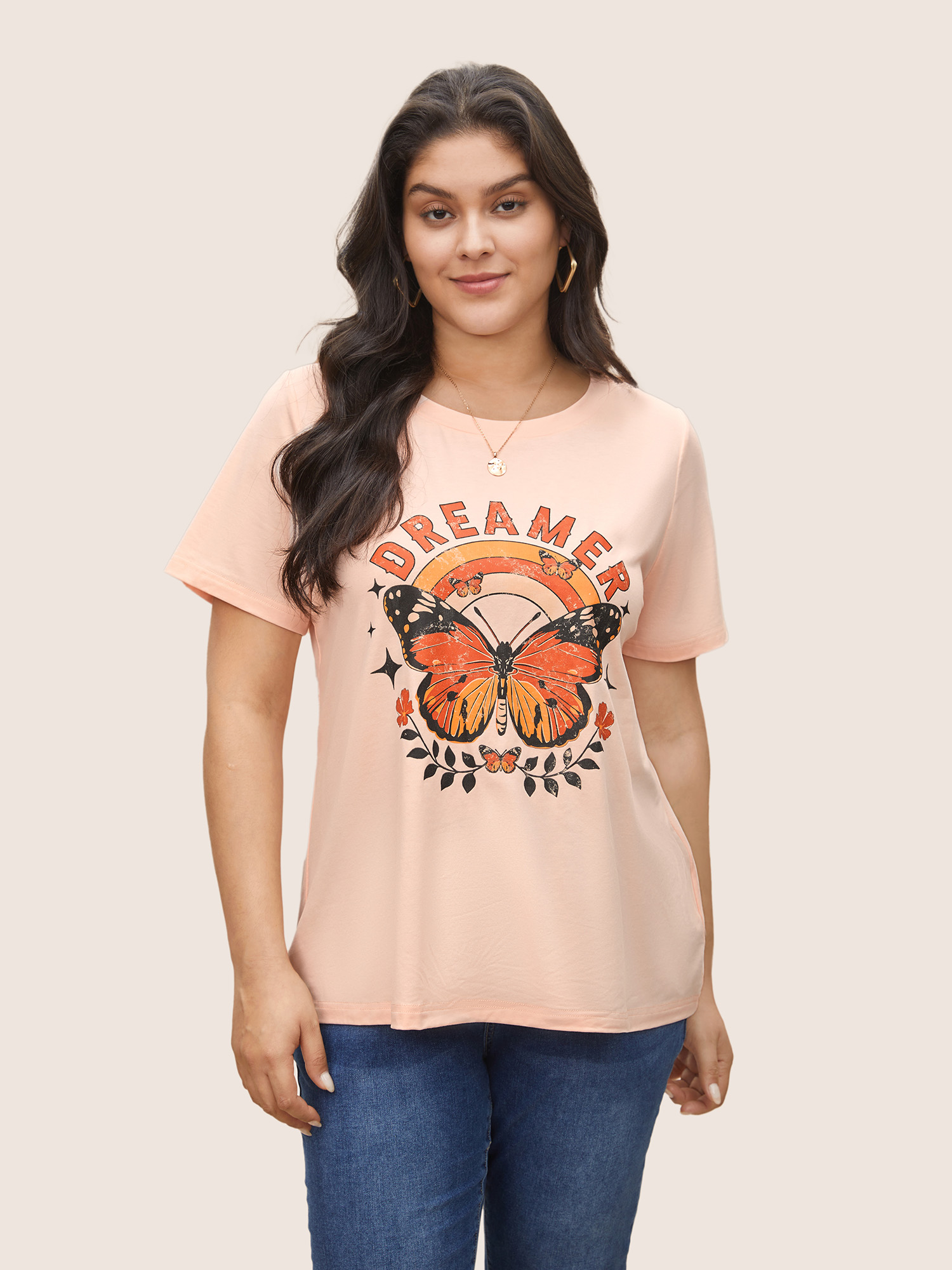 

Plus Size Crew Neck Art & Design Butterfly Print T-shirt Coral Women Casual Non Art&design Round Neck Everyday T-shirts BloomChic