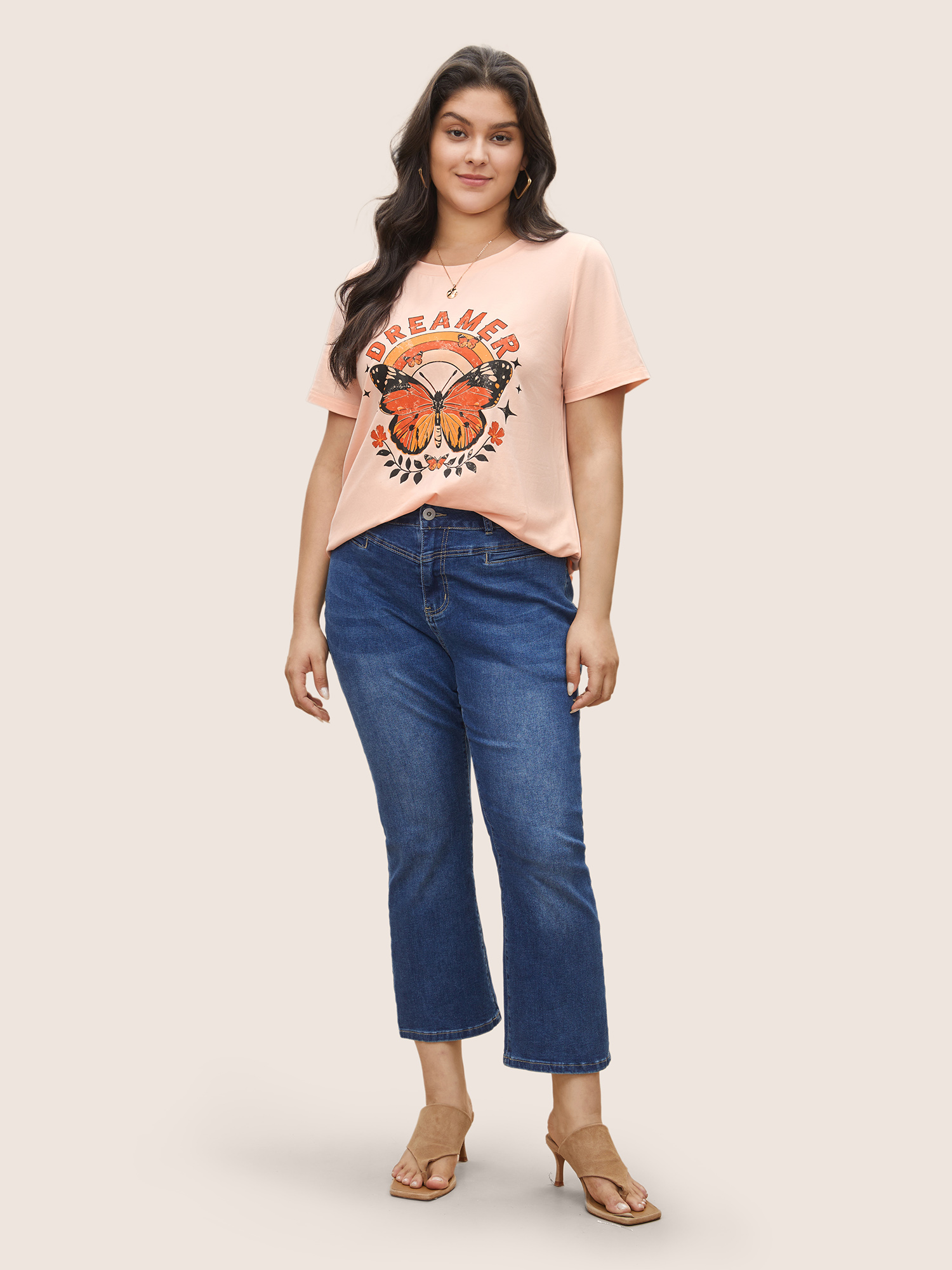 Plus Size Crew Neck Art & Design Butterfly Print T-shirt Coral Women Casual Non Art&design Everyday T-shirts BloomChic 18-20/2X 