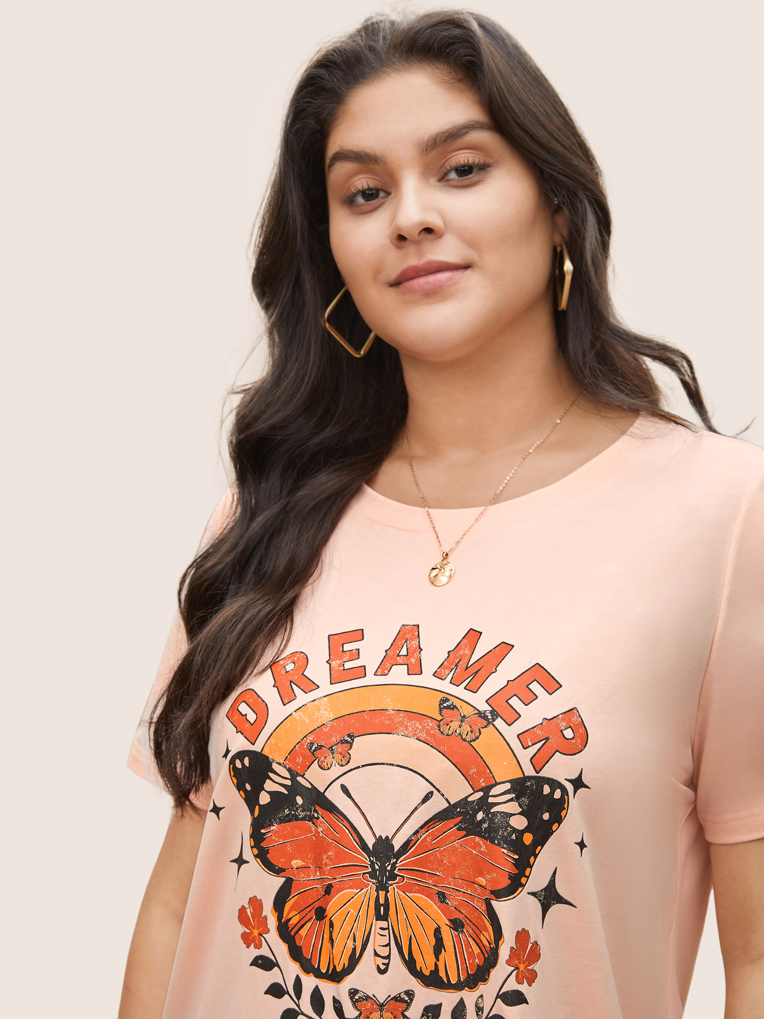 Plus Size Crew Neck Art & Design Butterfly Print T-shirt Coral Women Casual Non Art&design Everyday T-shirts BloomChic 18-20/2X 