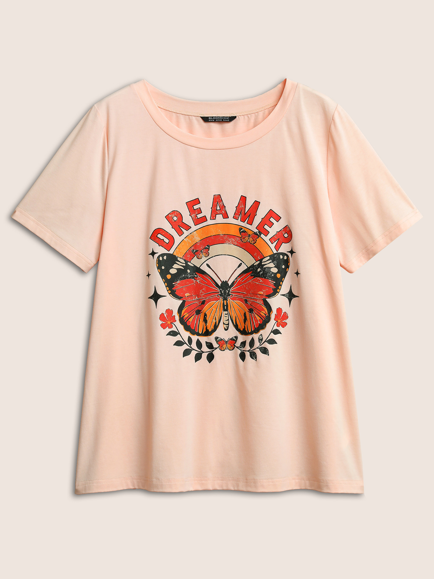 Plus Size Crew Neck Art & Design Butterfly Print T-shirt Coral Women Casual Non Art&design Everyday T-shirts BloomChic 18-20/2X 