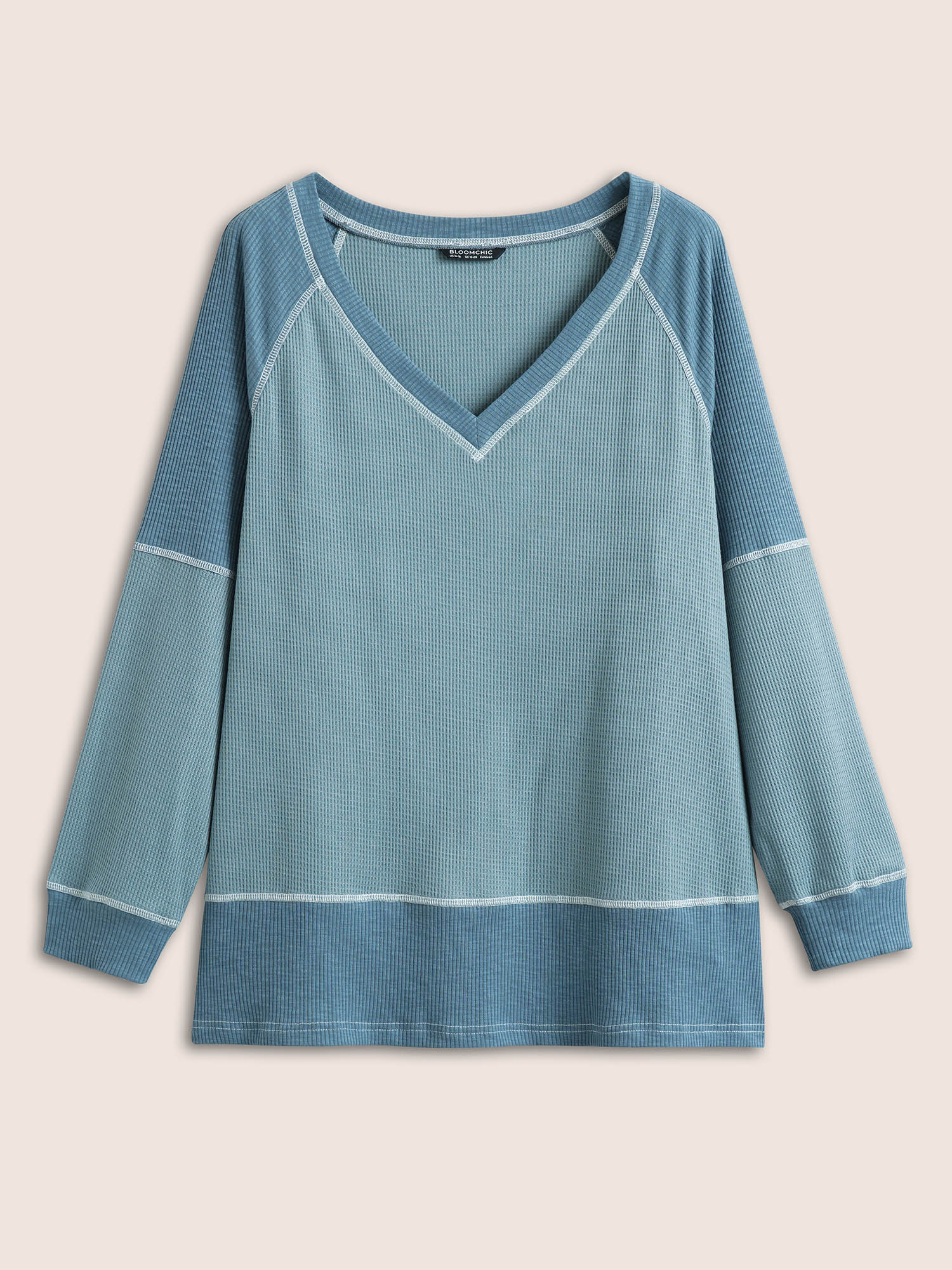 

Plus Size Patchwork Texture Waffle Knit Sweatshirt Women Stone Casual Topstitching V-neck Everyday Sweatshirts BloomChic